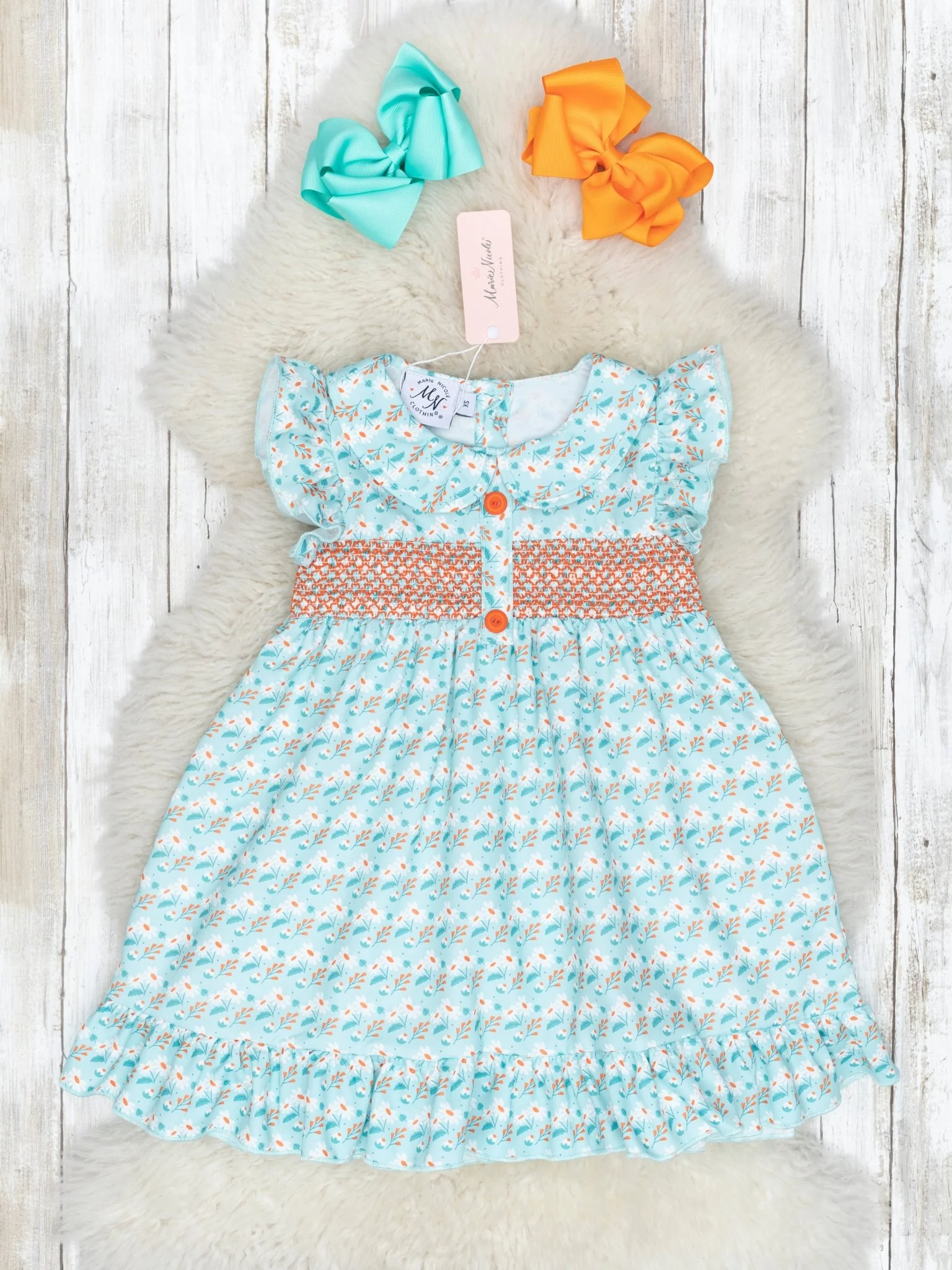 Blue & Orange Smocked Vintage Daisy Ruffle Dress