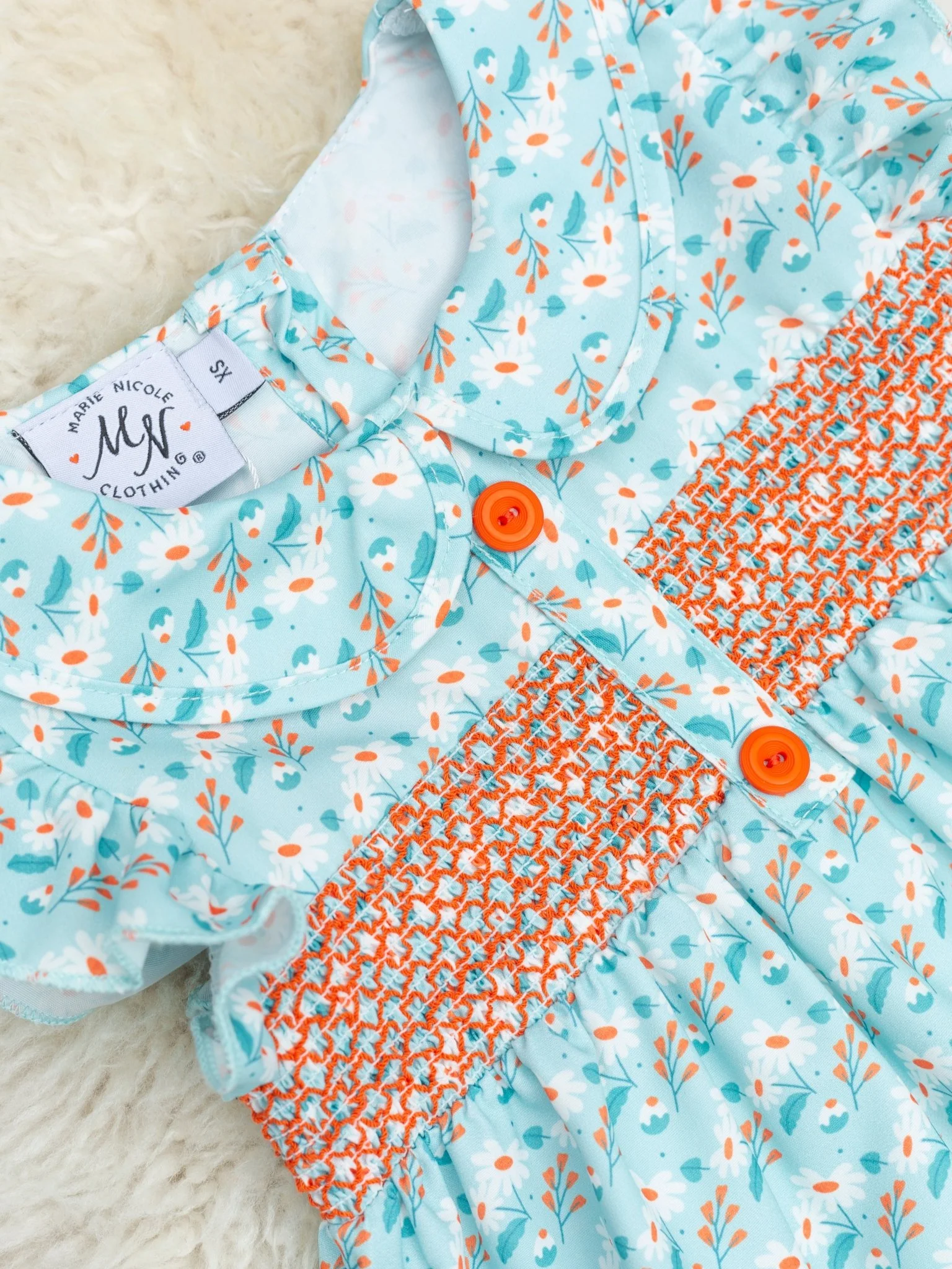 Blue & Orange Smocked Vintage Daisy Ruffle Dress - Image 2