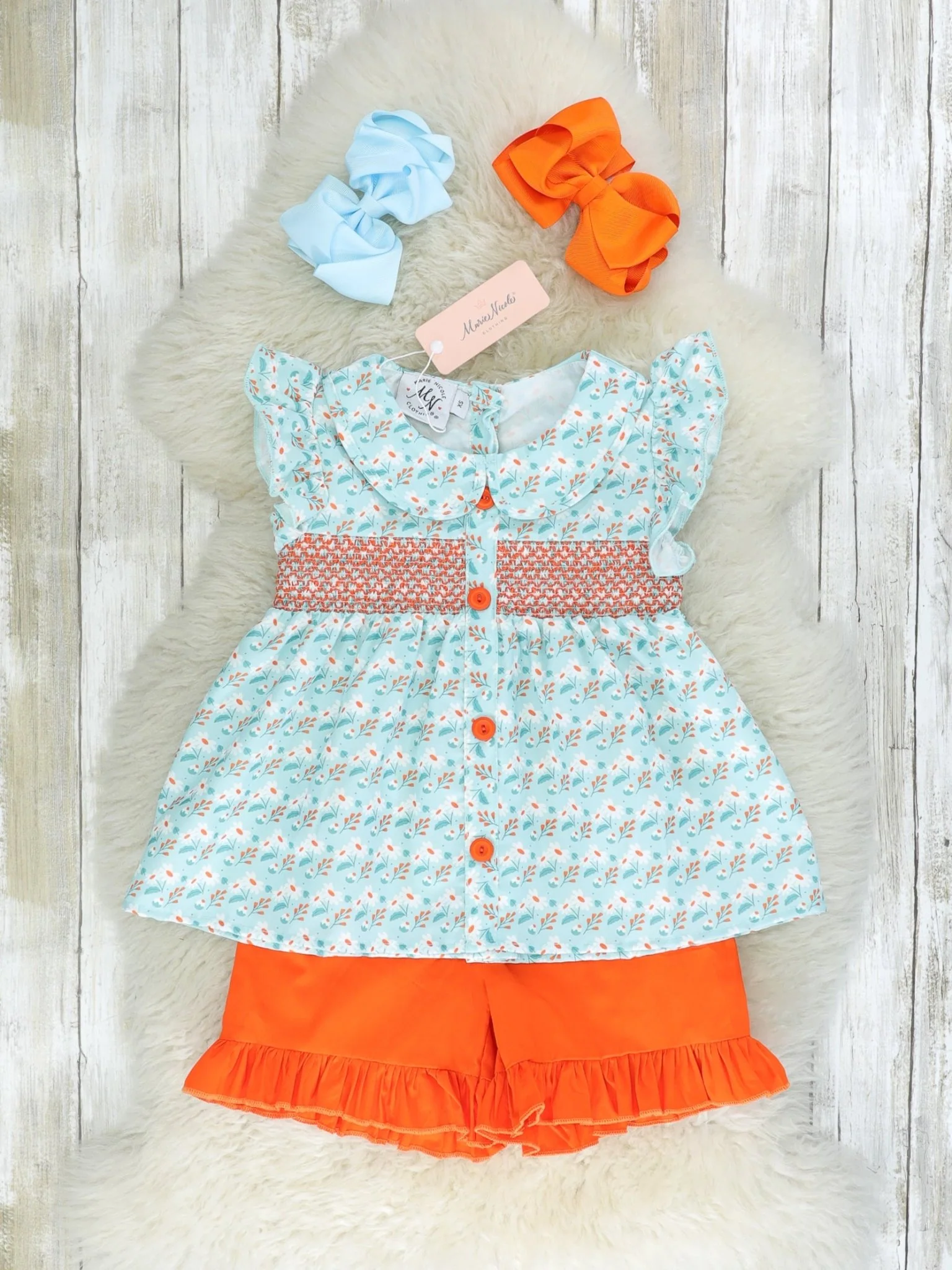Blue & Orange Smocked Vintage Daisy Ruffle Outfit