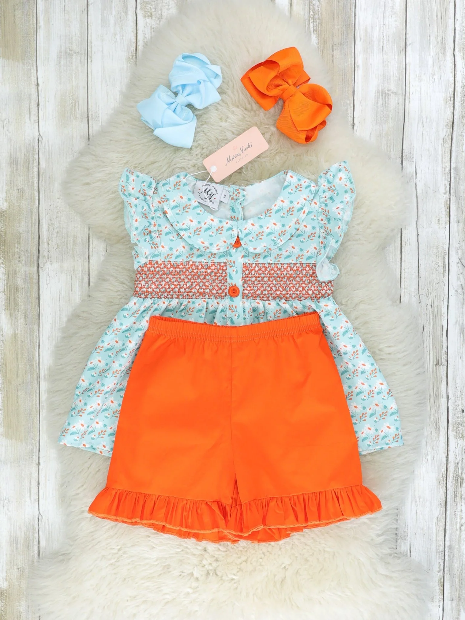 Blue & Orange Smocked Vintage Daisy Ruffle Outfit - Image 2