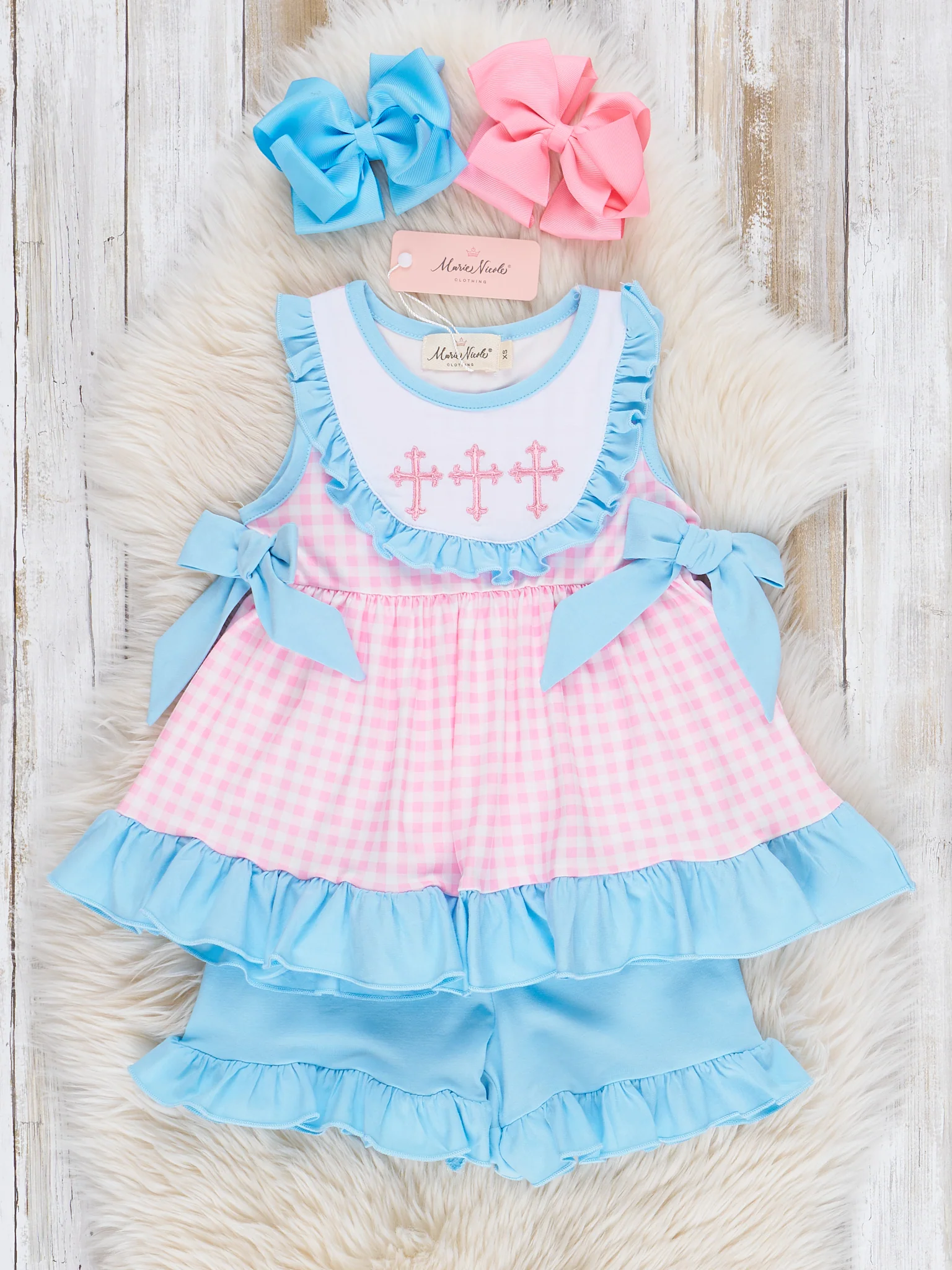 Blue & Pink Gingham Cross Ruffle Outfit - Image 2