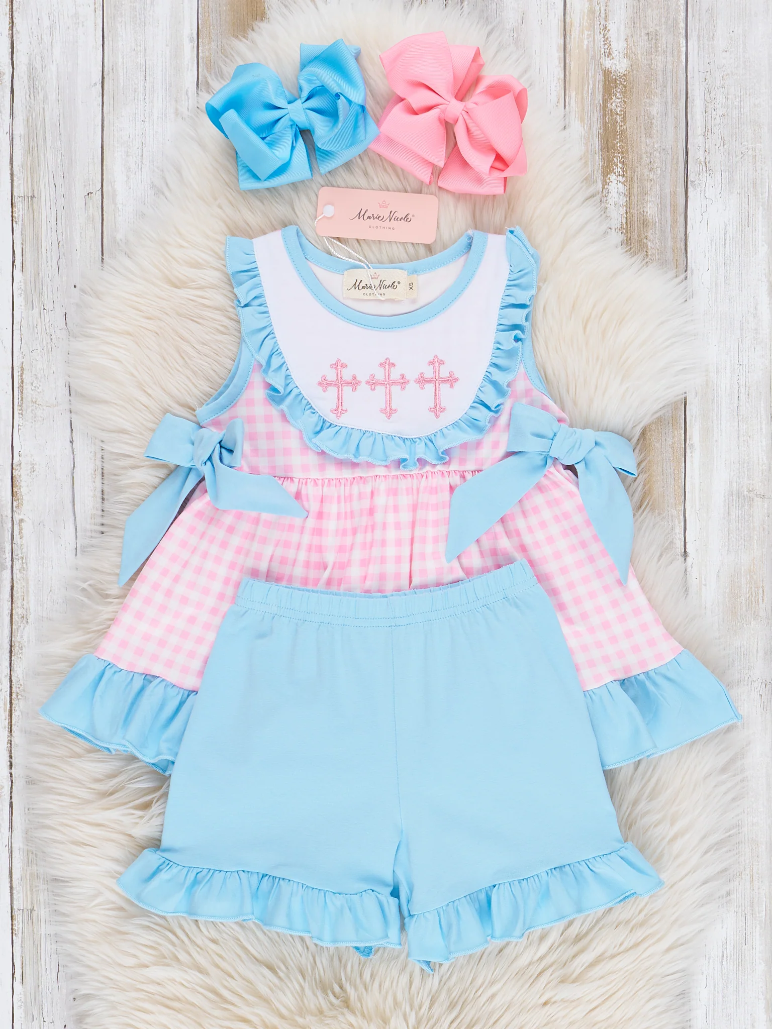 Blue & Pink Gingham Cross Ruffle Outfit - Image 3