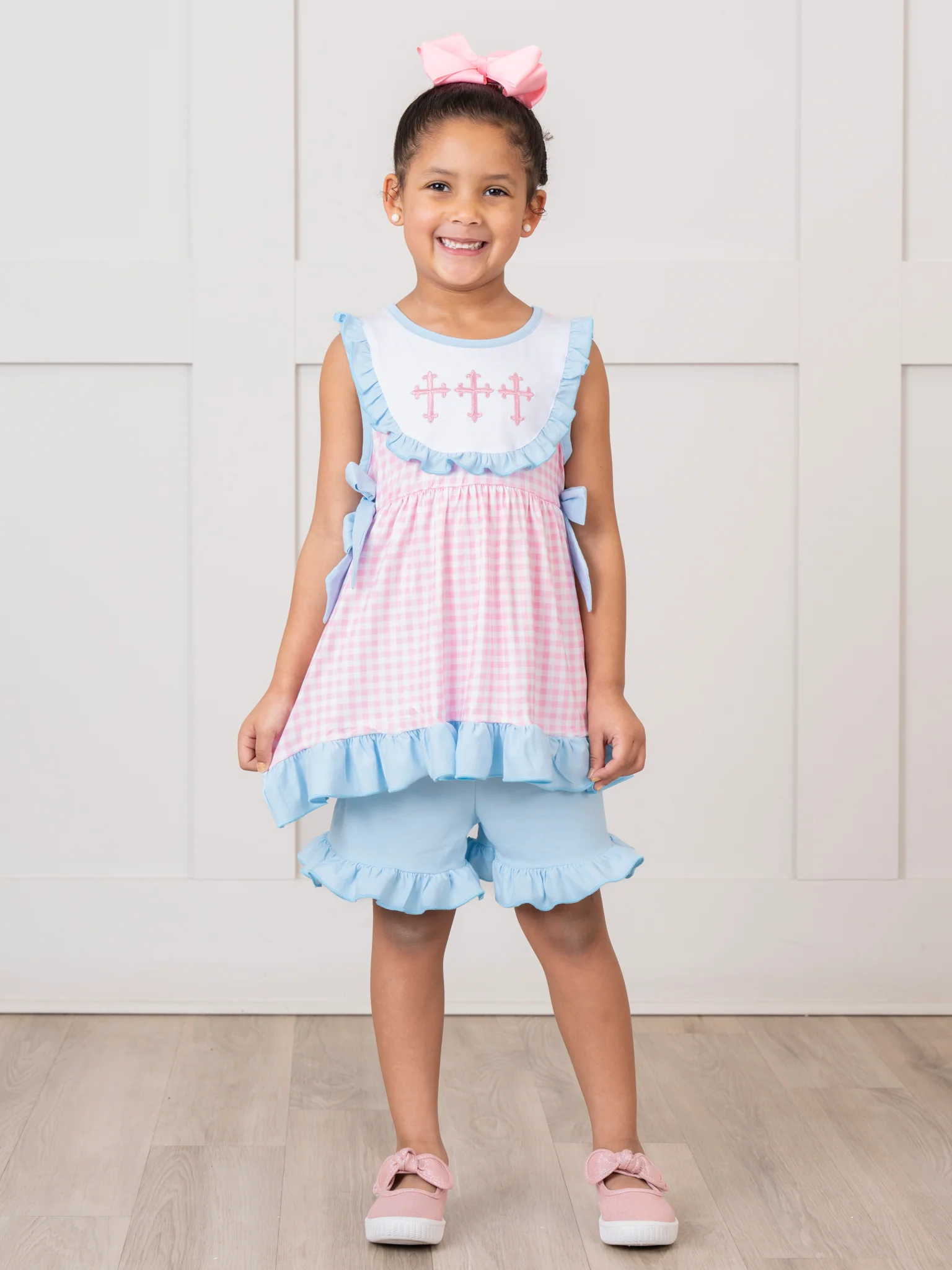 Blue & Pink Gingham Cross Ruffle Outfit - Image 4
