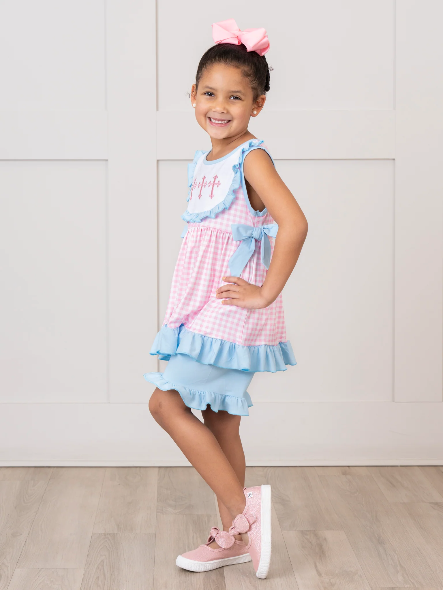 Blue & Pink Gingham Cross Ruffle Outfit - Image 5