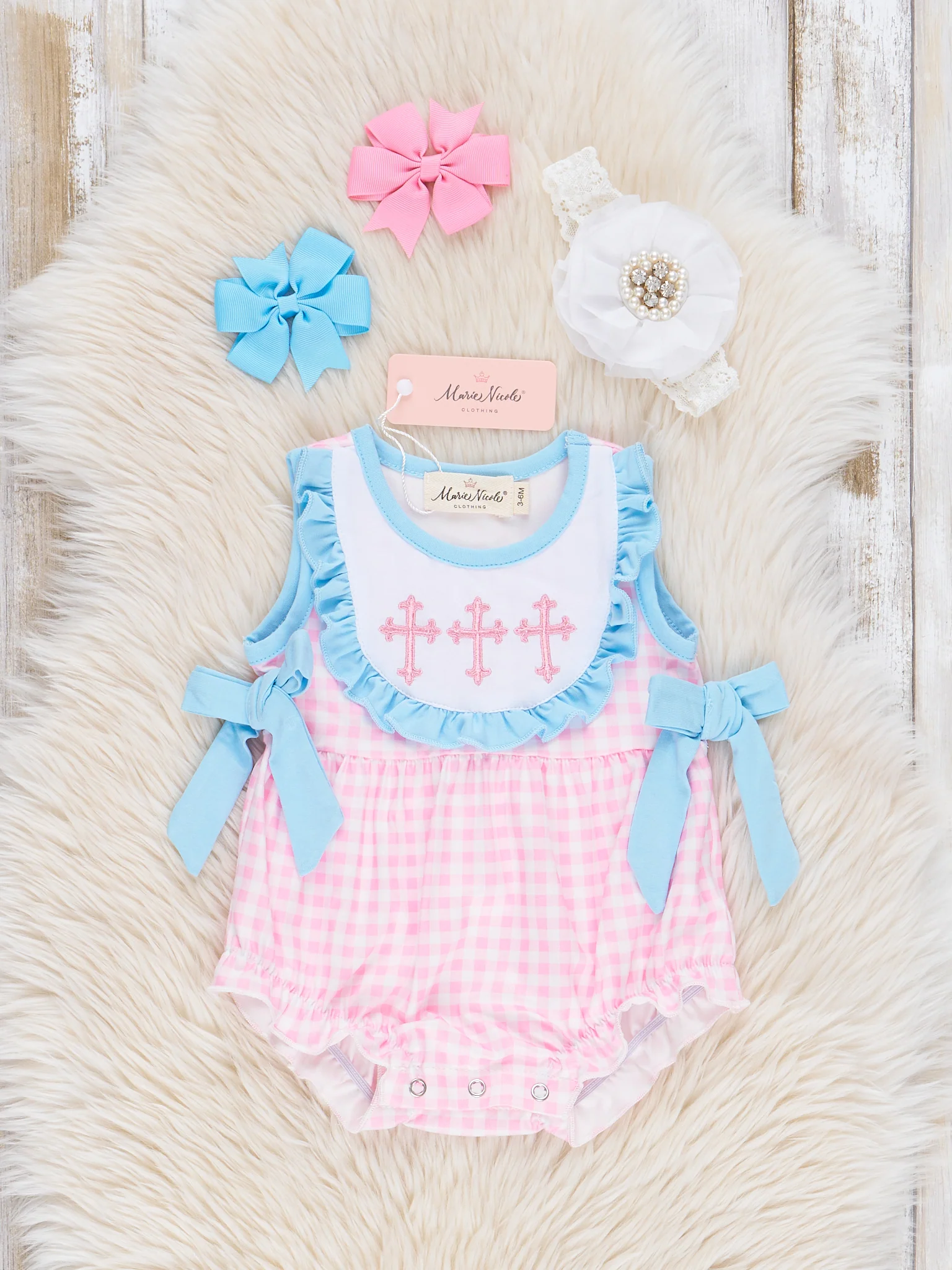 Blue & Pink Gingham Cross Ruffle Romper