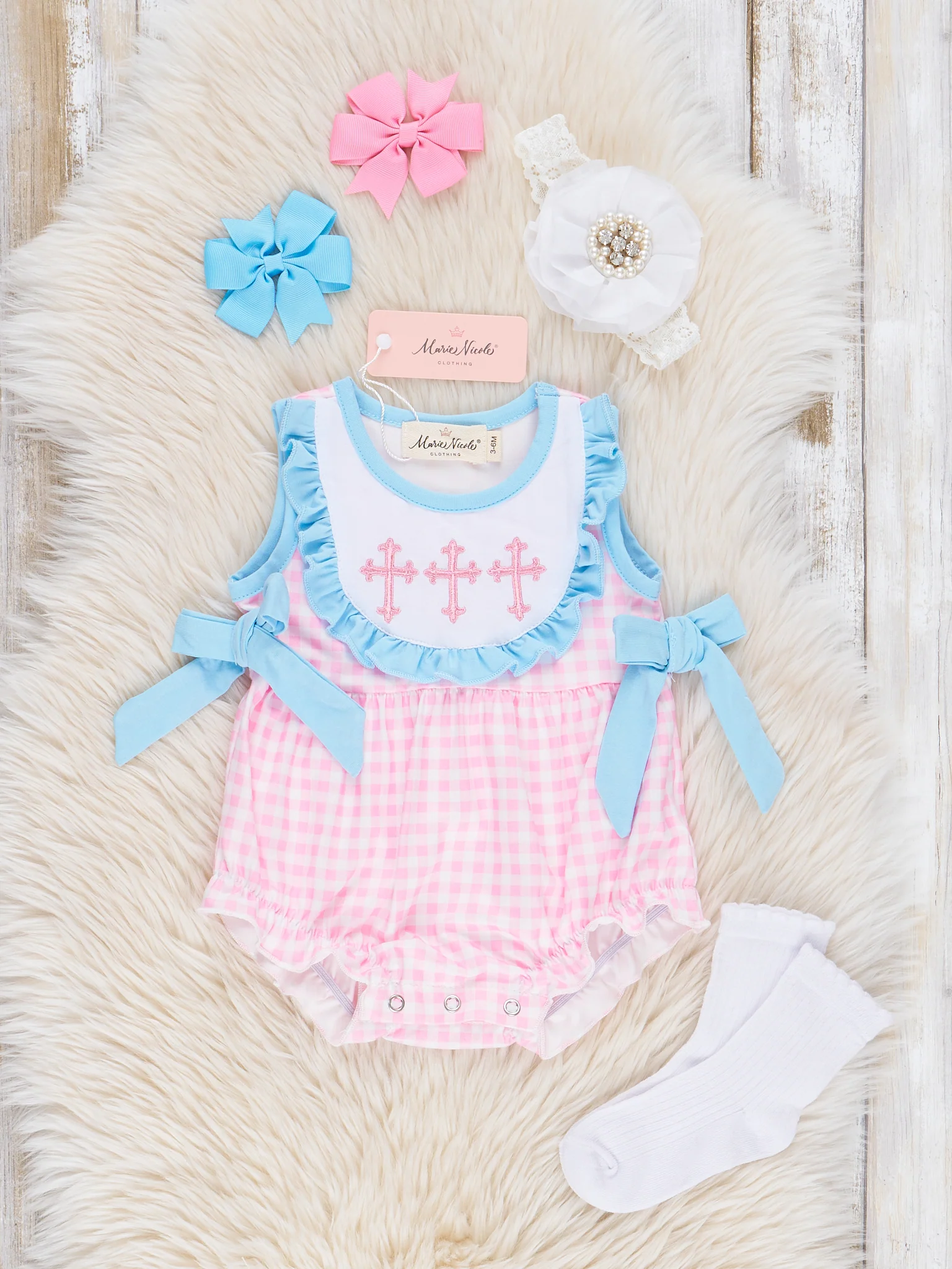 Blue & Pink Gingham Cross Ruffle Romper - Image 2