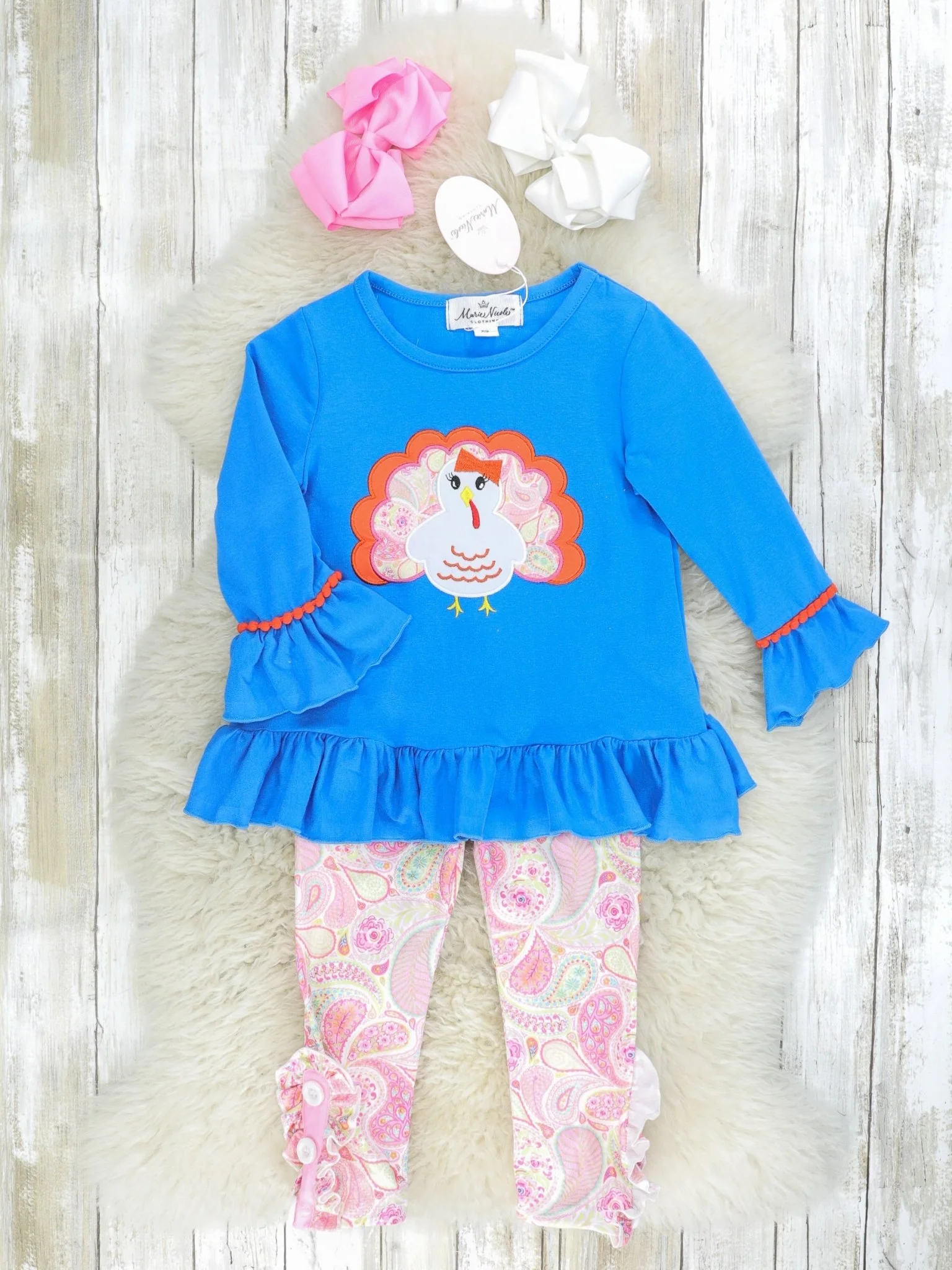 Blue & Pink Paisley Turkey Ruffle Outfit