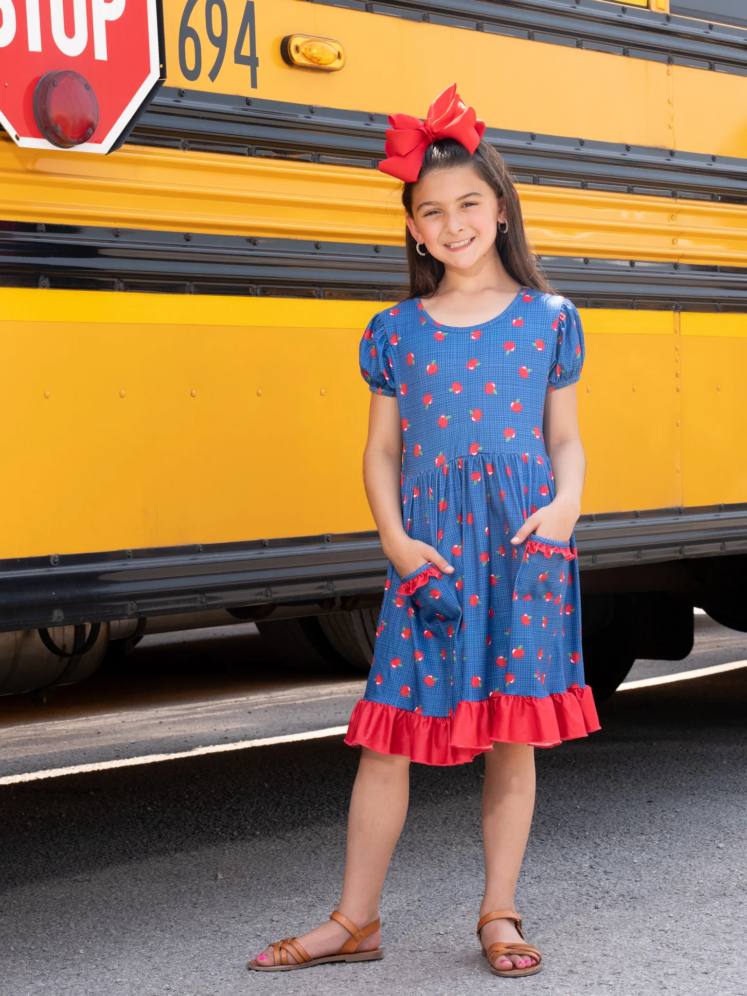 Blue & Red Apple Pocket Ruffle Dress