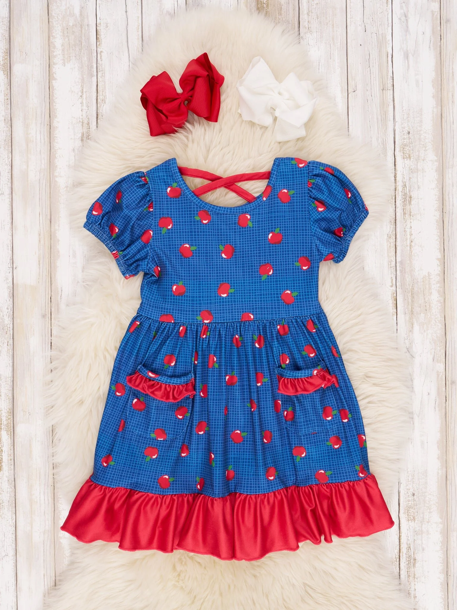 Blue & Red Apple Pocket Ruffle Dress - Image 2