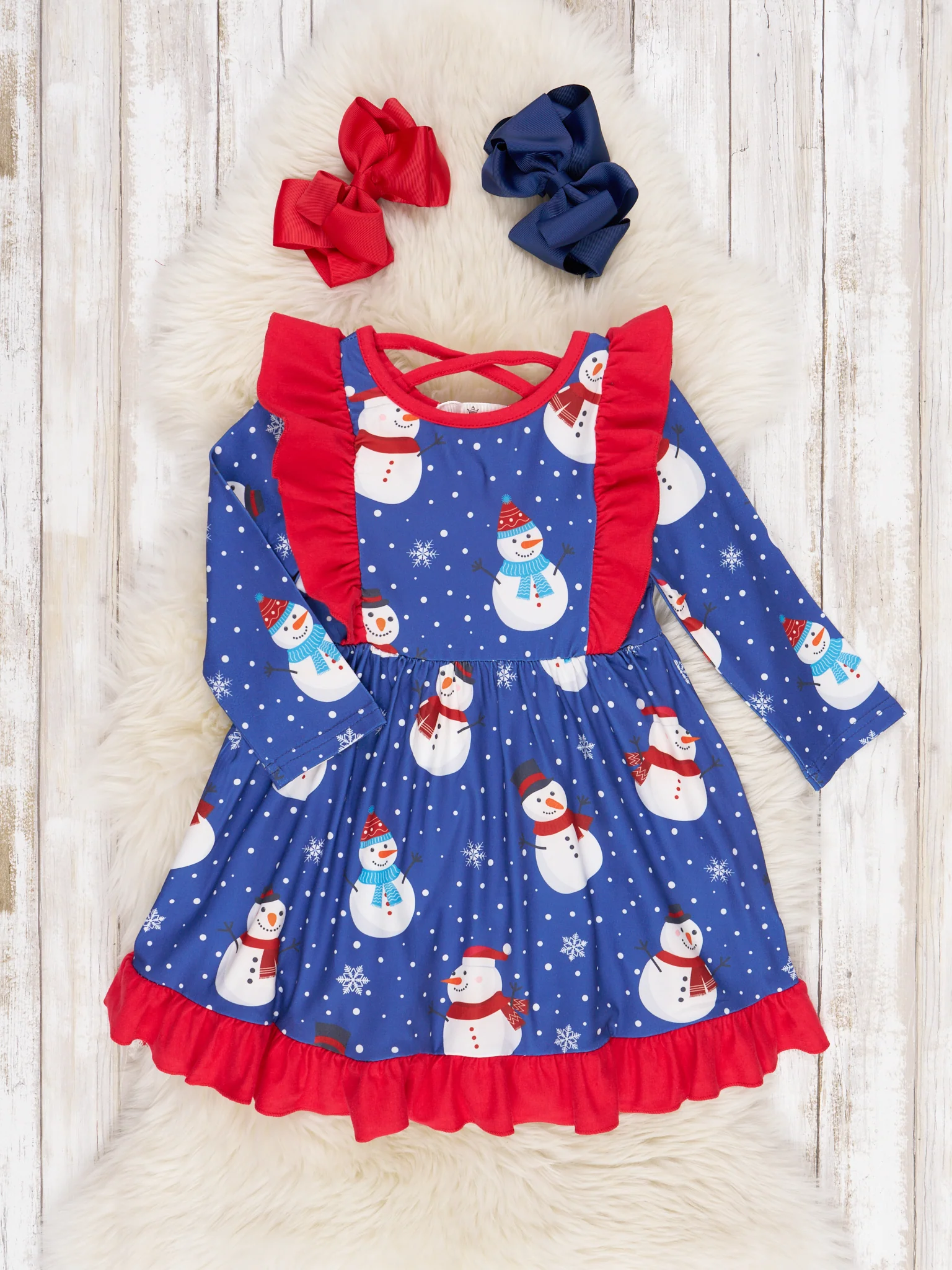Blue & Red Snowman Ruffle Dress
