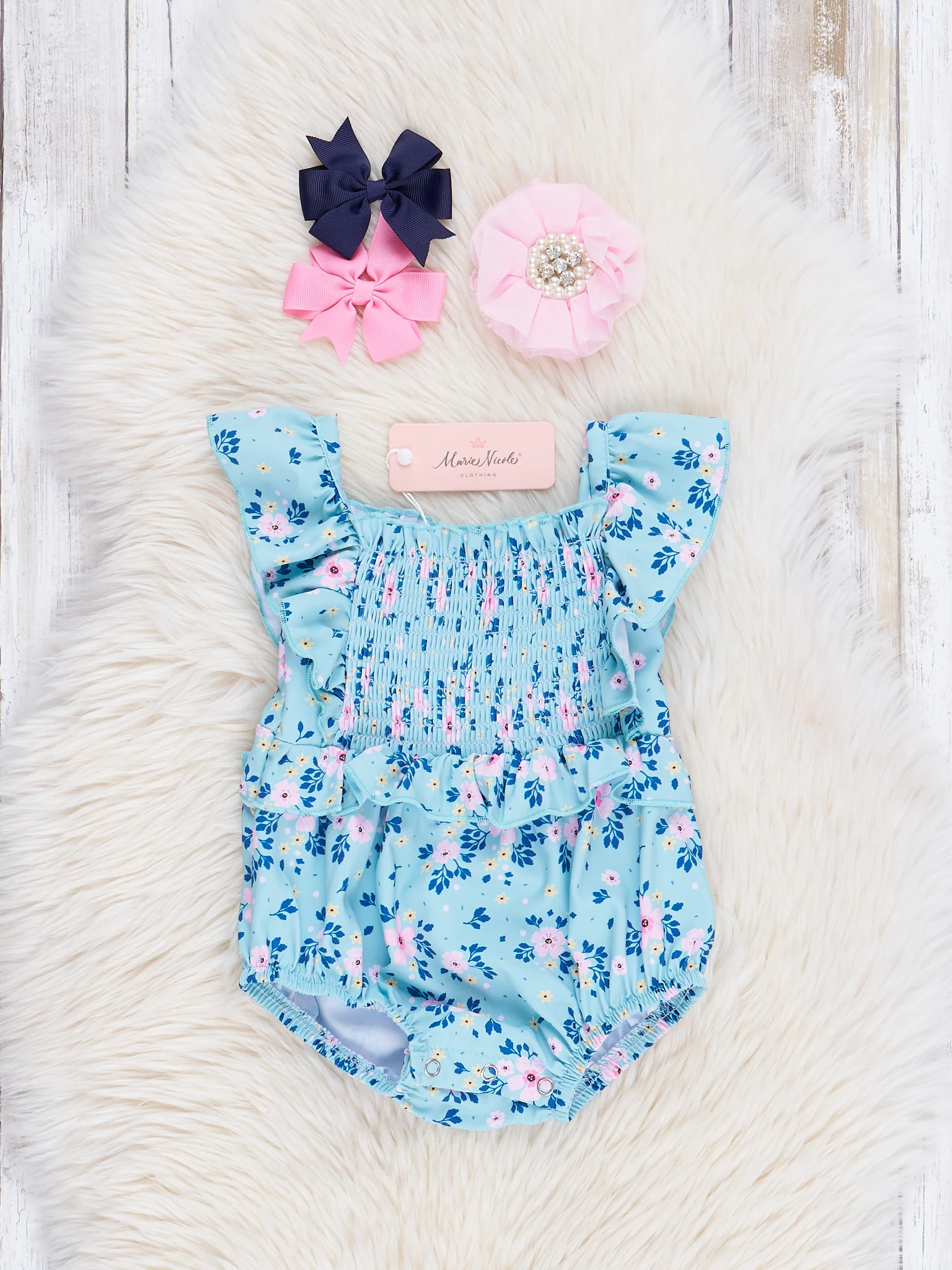 Blue Bouquet Smocked Ruffle Bubble Romper