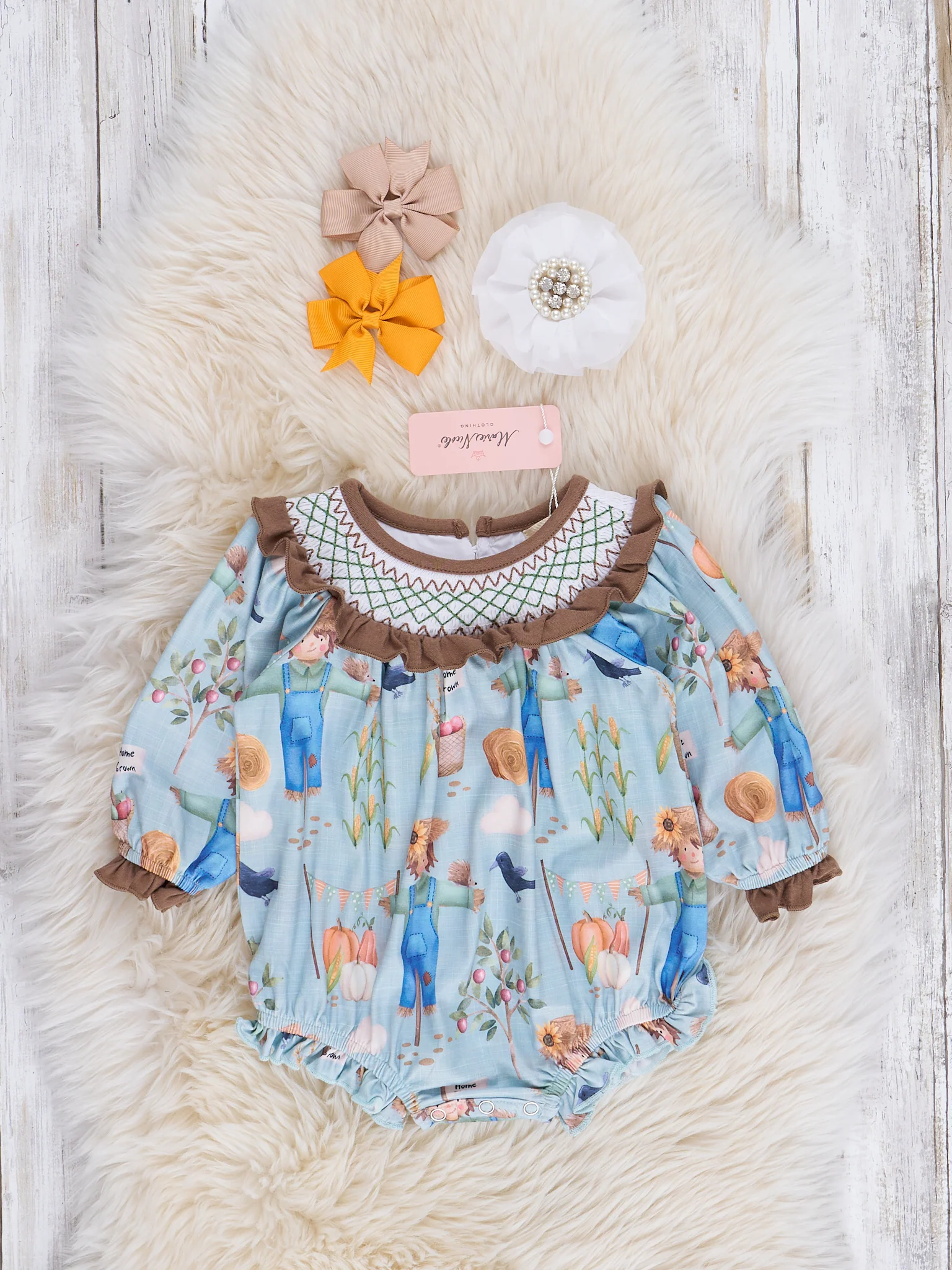 Blue & Brown Smocked Scarecrow Bubble Romper