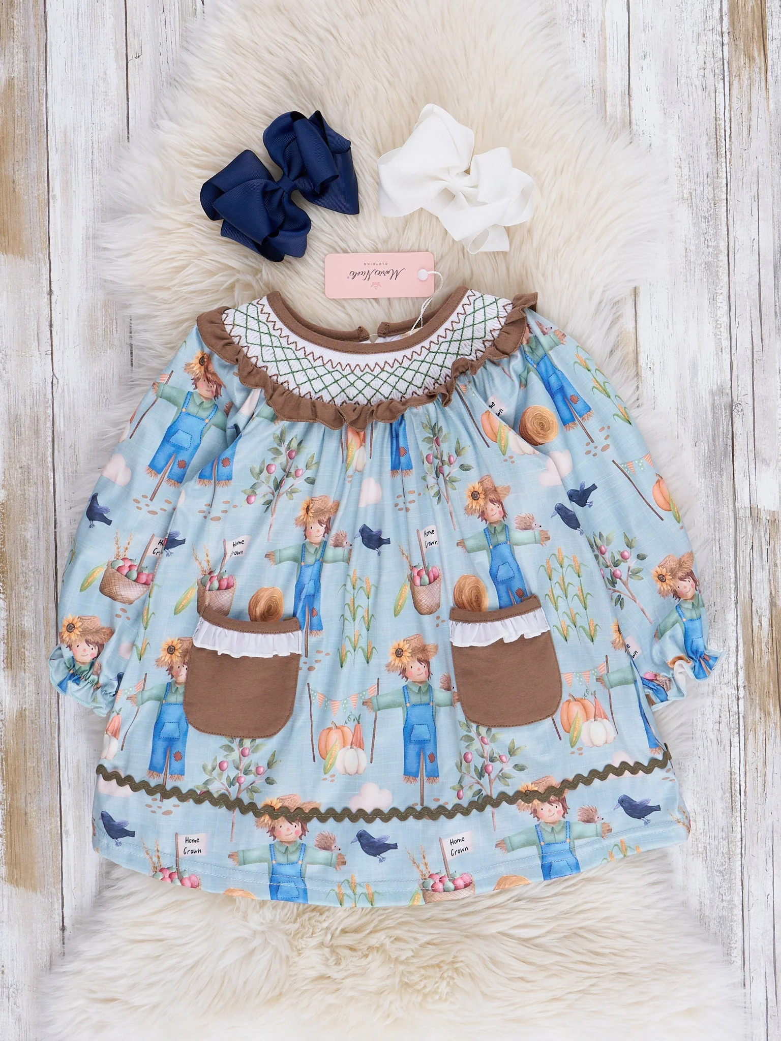 Blue & Brown Smocked Scarecrow Dress