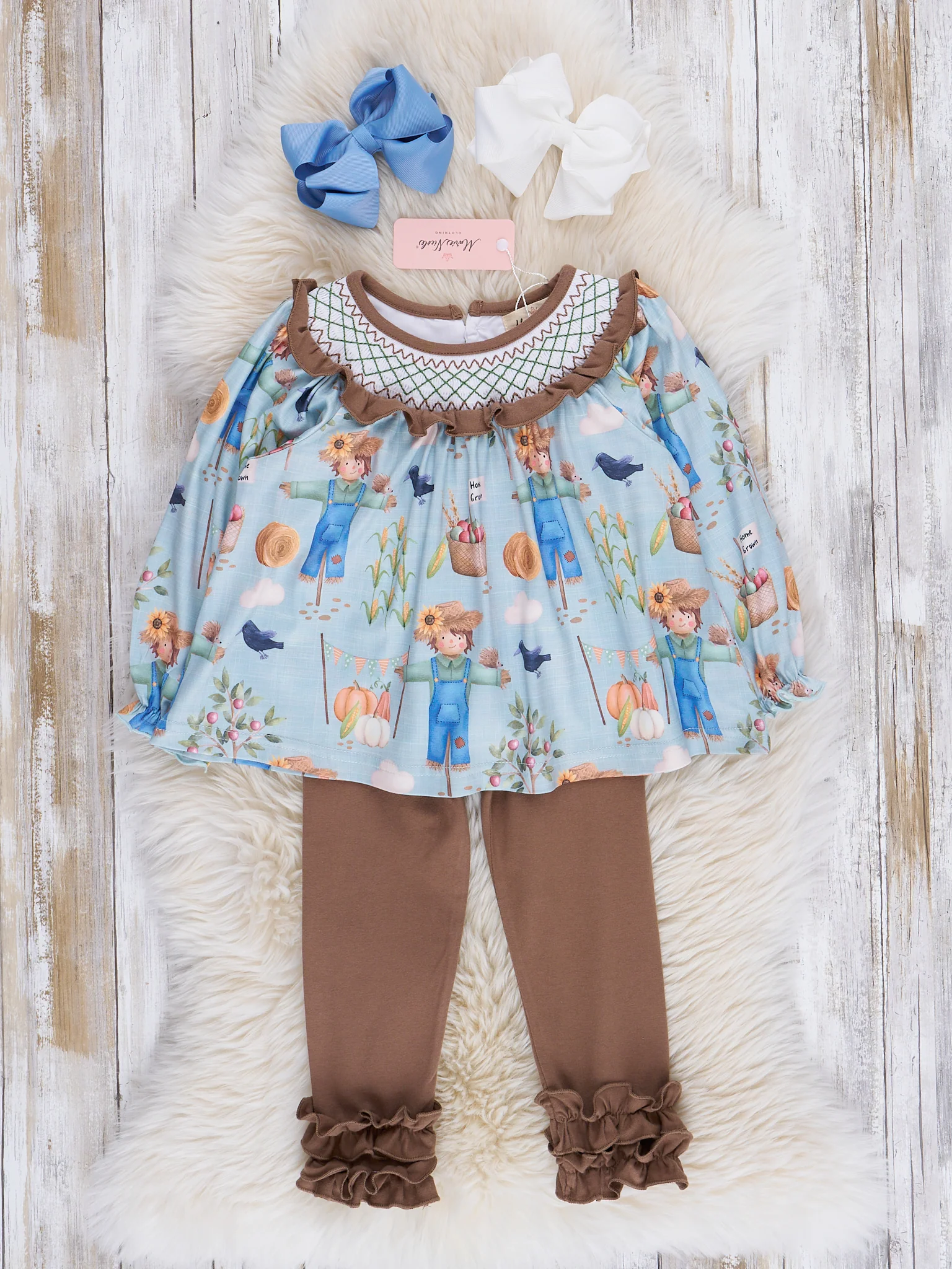 Blue & Brown Smocked Scarecrow Outfit - Image 2