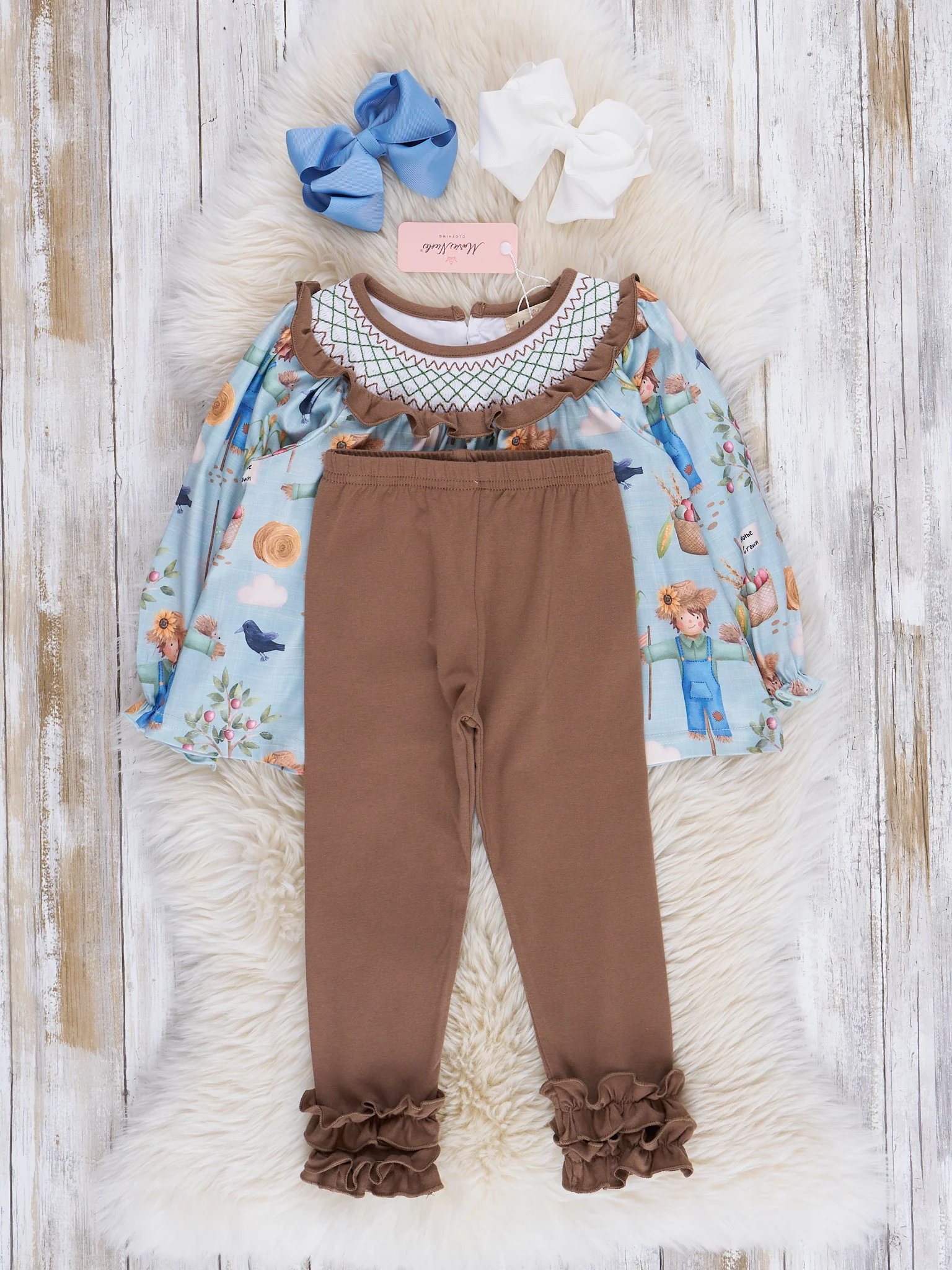 Blue & Brown Smocked Scarecrow Outfit - Image 3