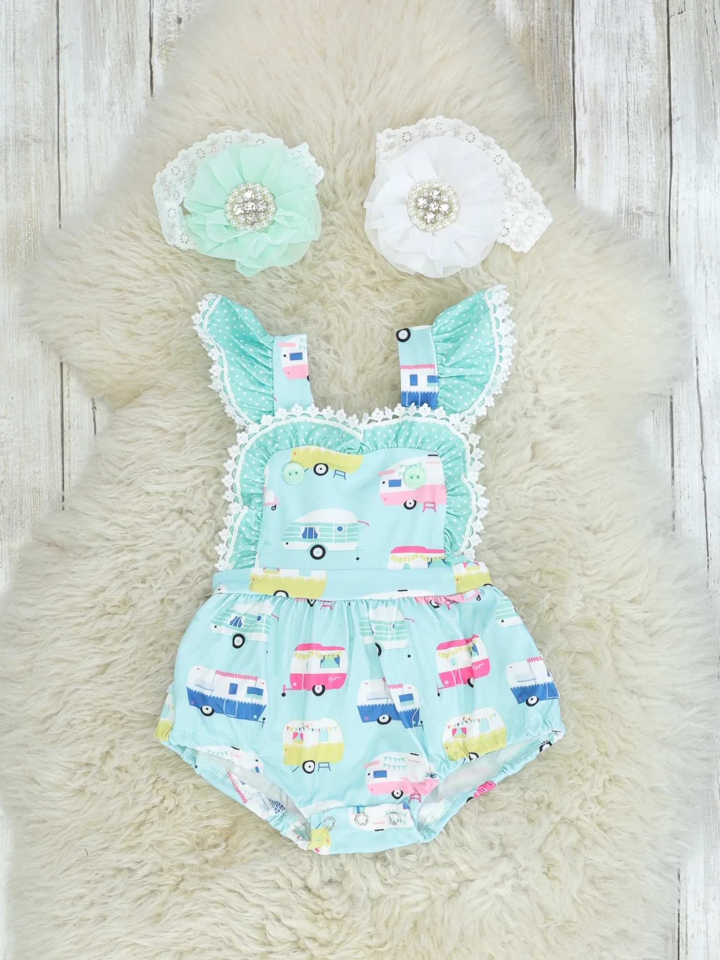 Blue Camper Ruffle Bubble Romper