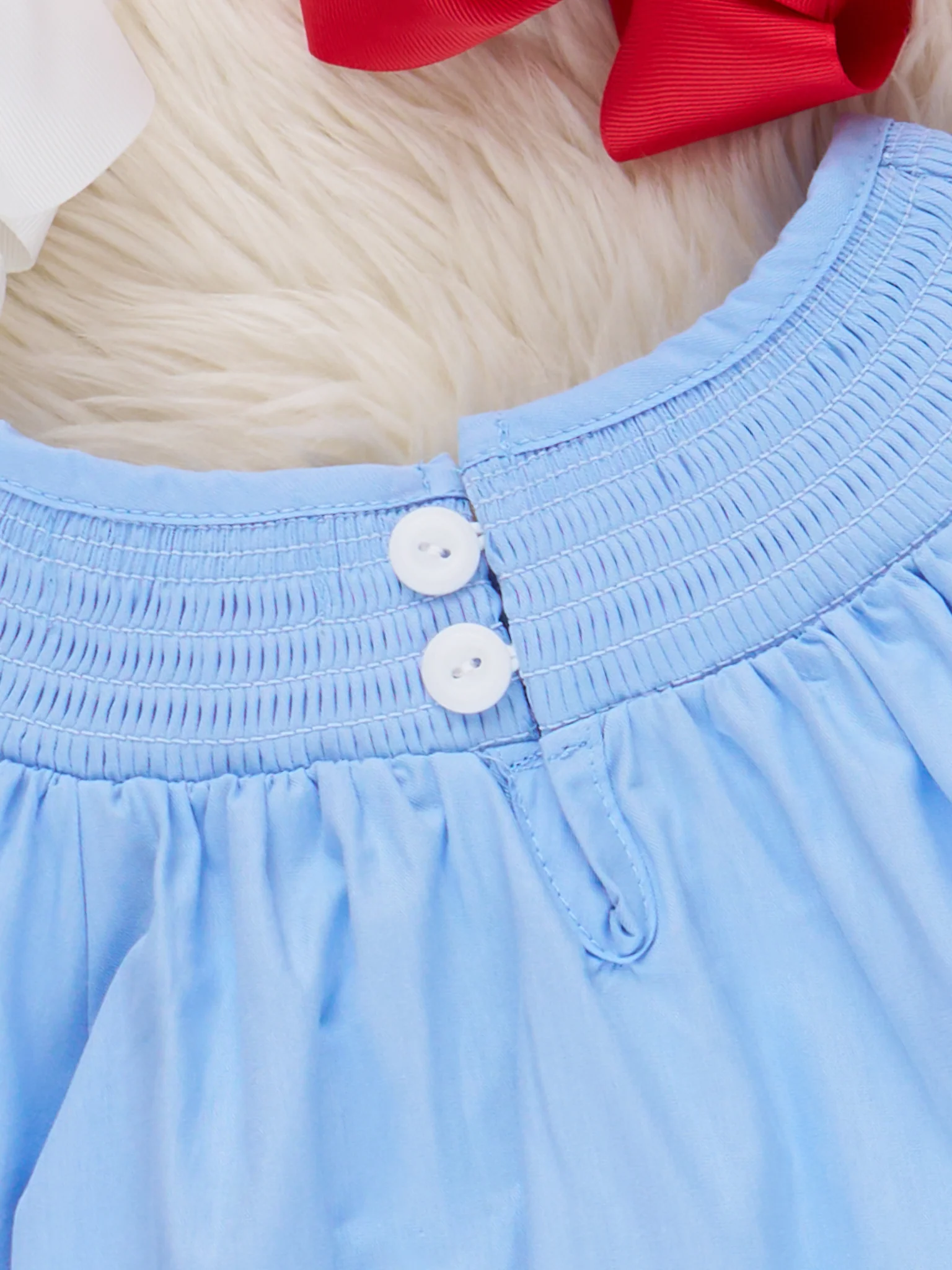 Blue Chambray Smocked Santas Ruffle Dress - Image 3