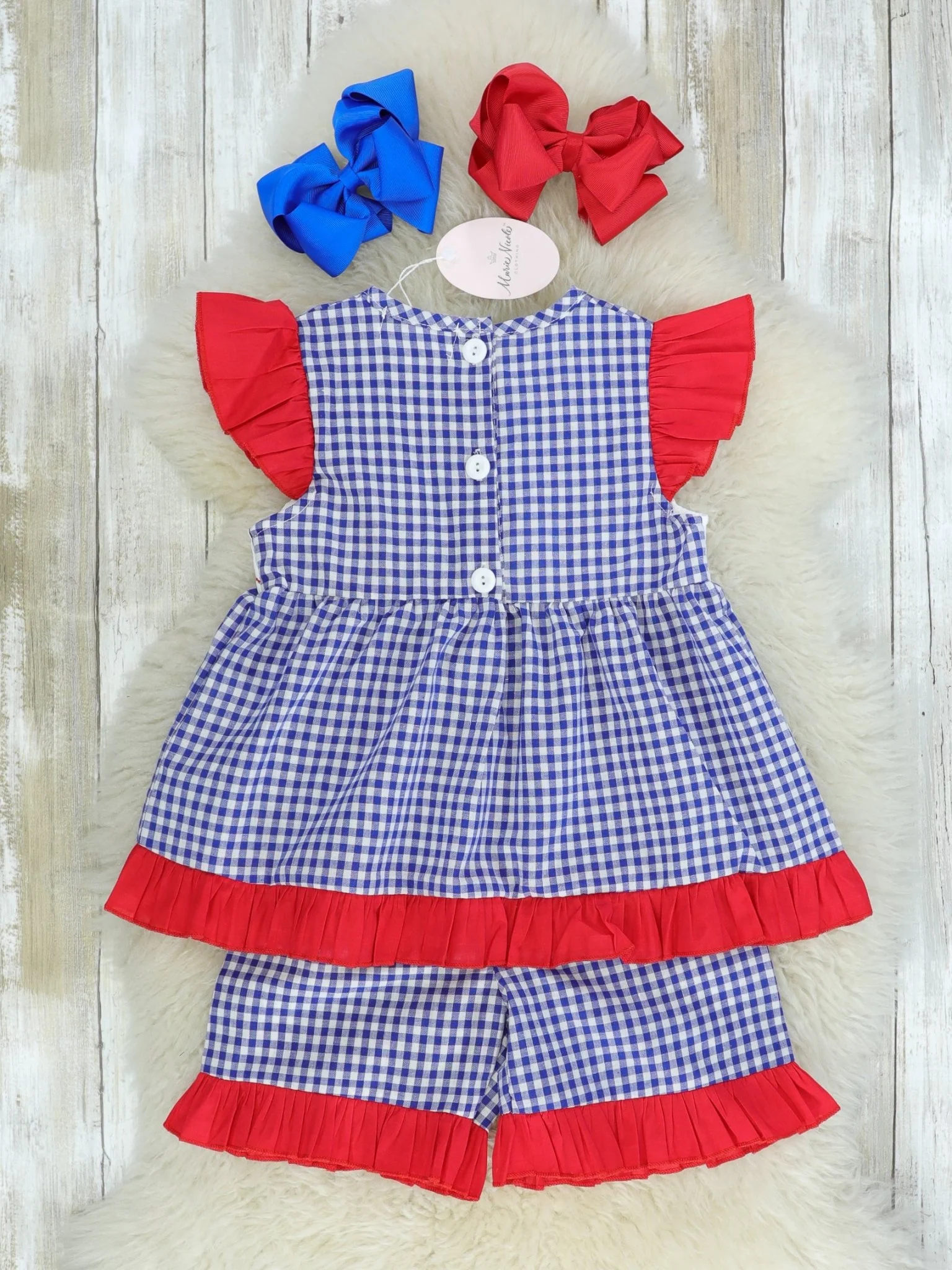 Baseball Blue Check Ruffle Smocked Outfit - Image 2