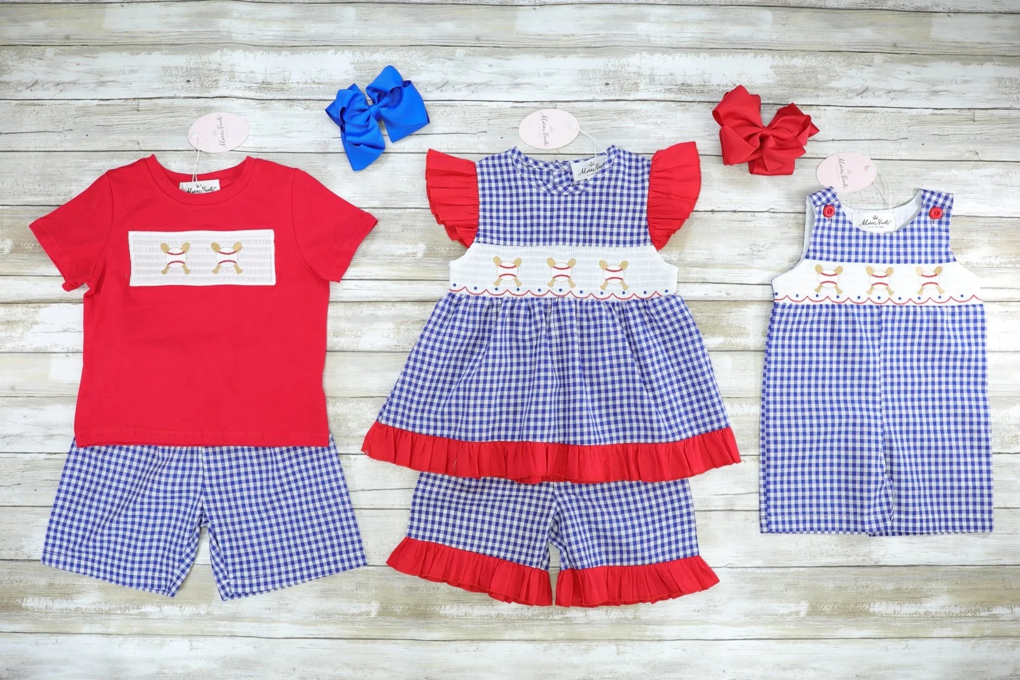Baseball Blue Check Ruffle Smocked Outfit - Image 3