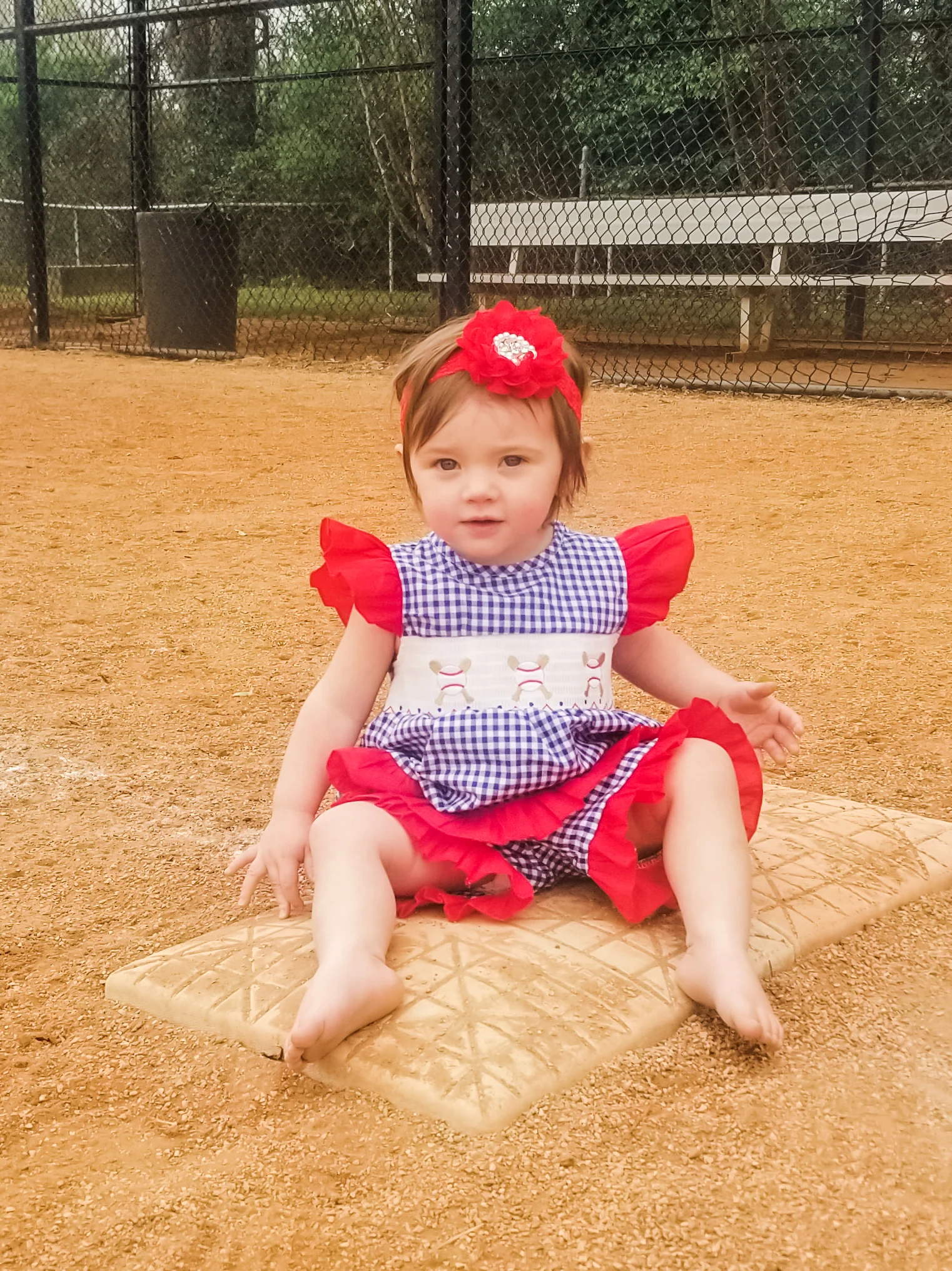 Baseball Blue Check Ruffle Smocked Outfit - Image 4