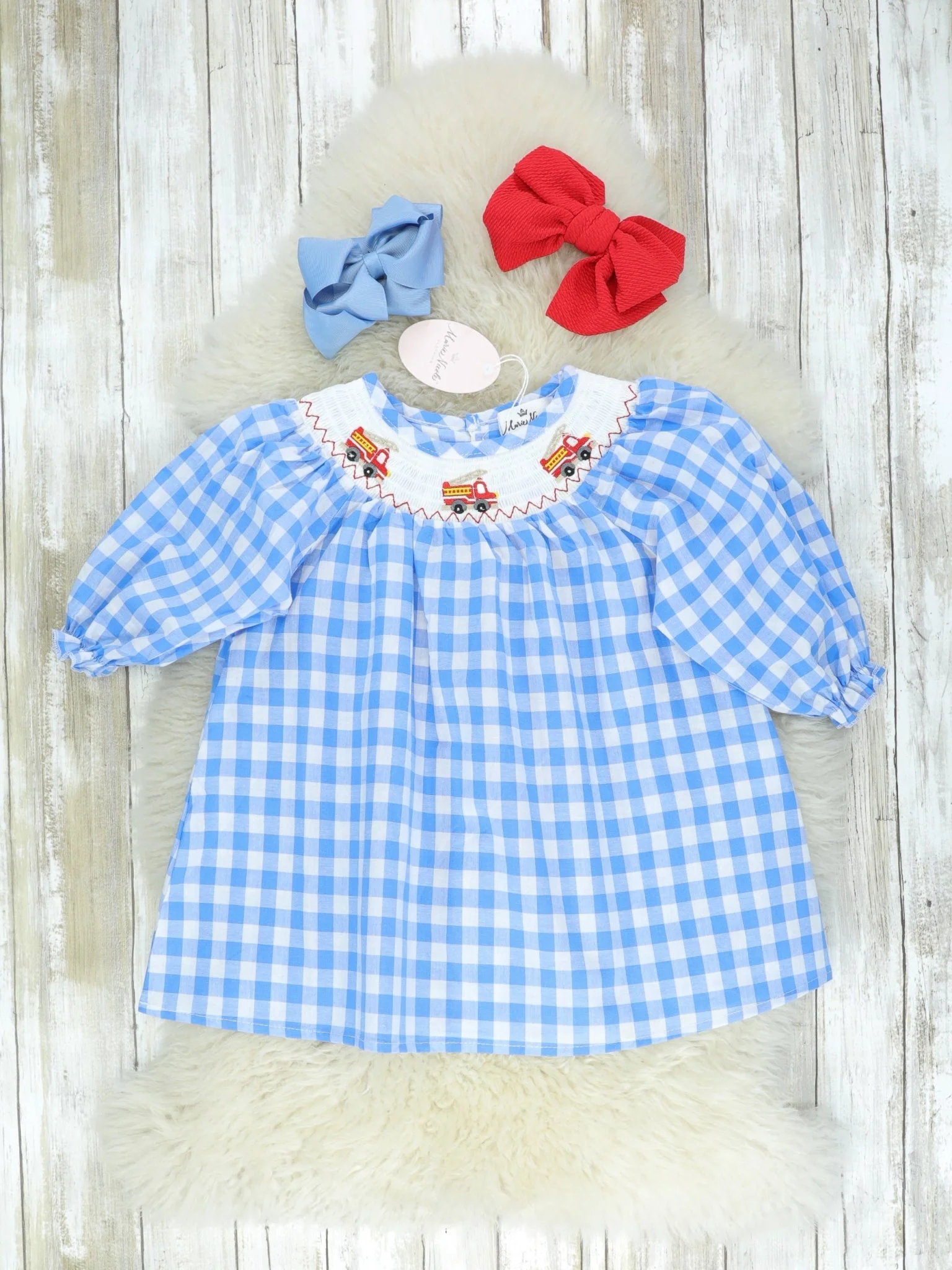 Blue Check Fire Truck Smocked Dress