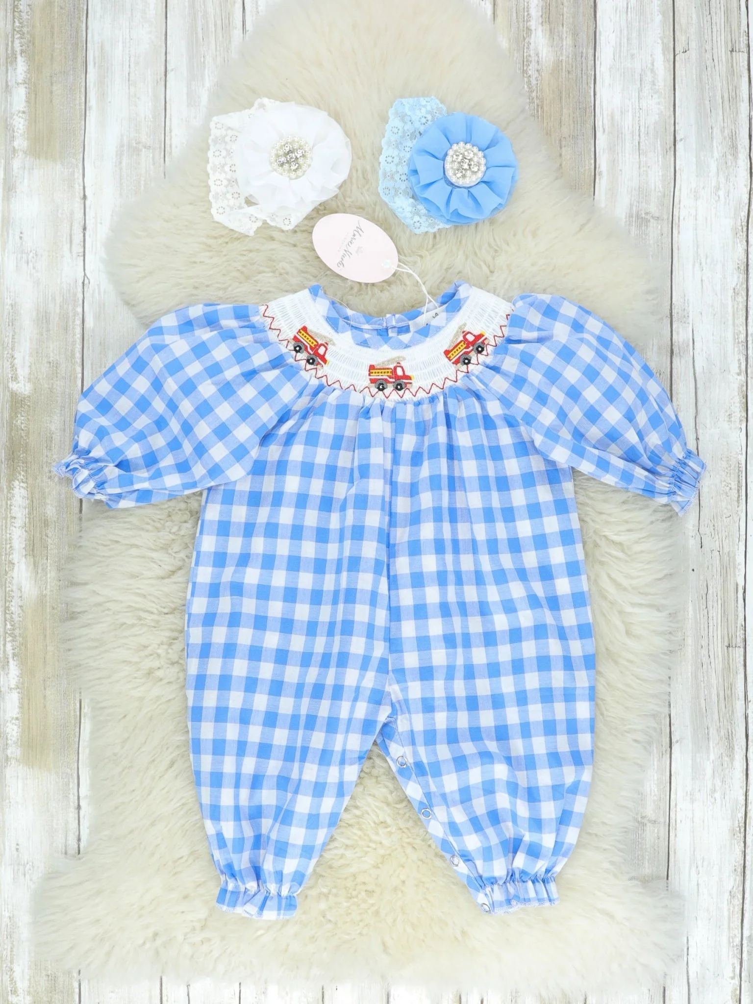 Blue Check Fire Truck Smocked Romper