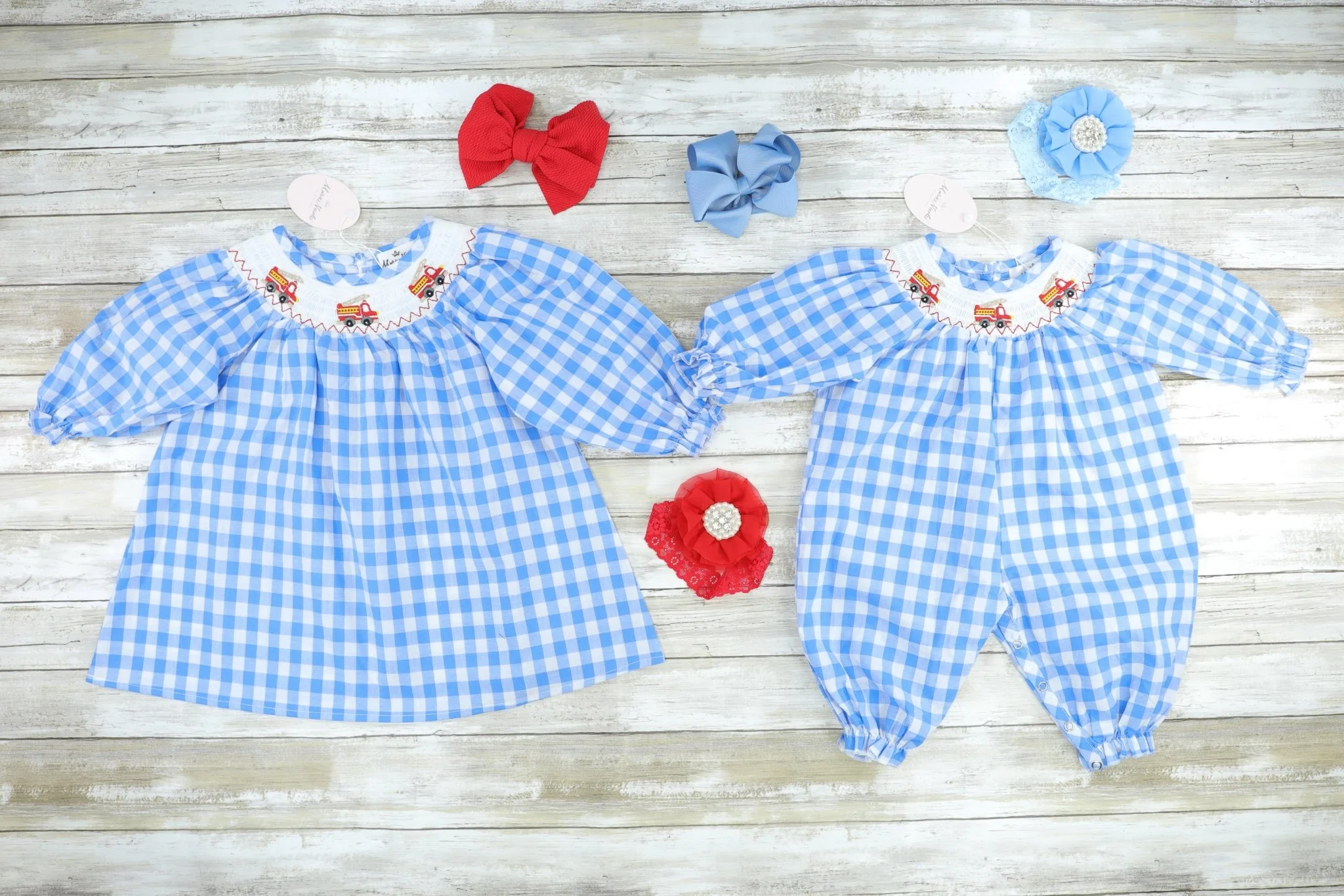 Blue Check Fire Truck Smocked Romper - Image 2