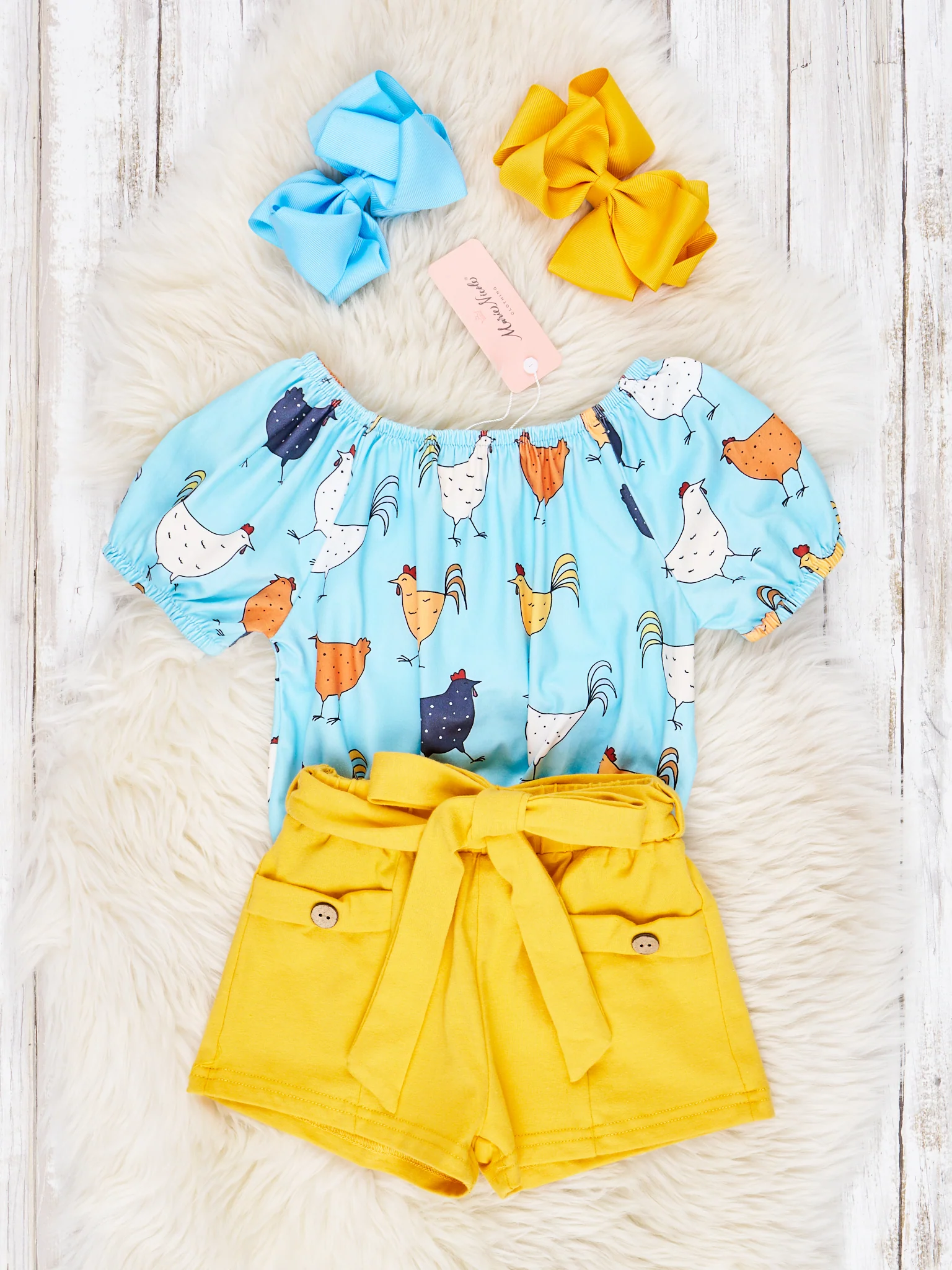 Blue Chicken Top & Yellow Shorts Outfit - Image 2