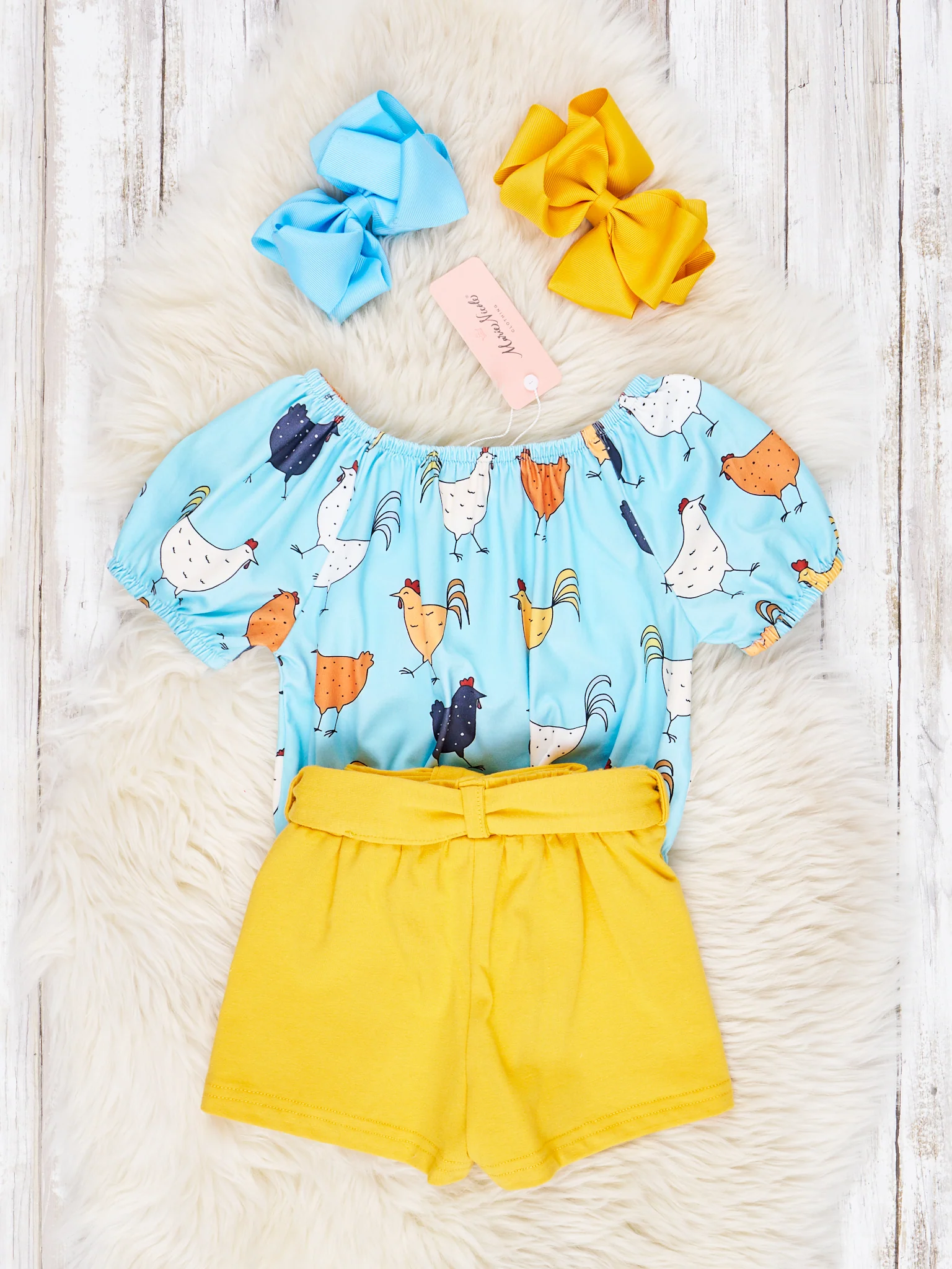 Blue Chicken Top & Yellow Shorts Outfit - Image 3