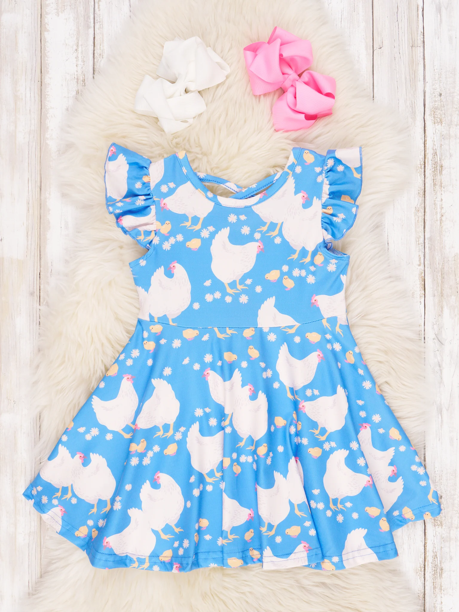 Blue Chickens Ruffle Dress