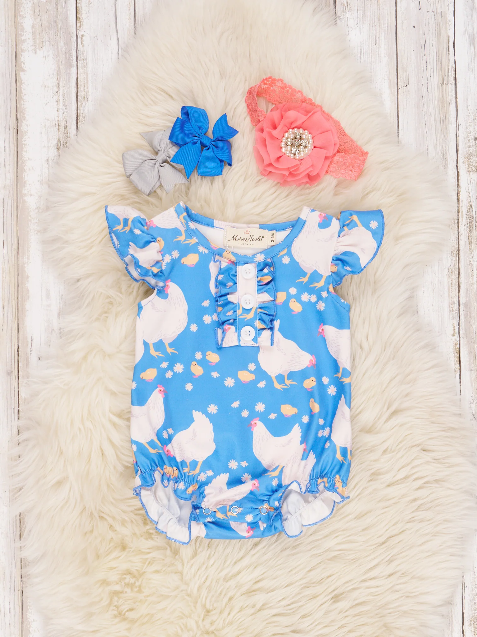 Blue Chickens Ruffle Romper