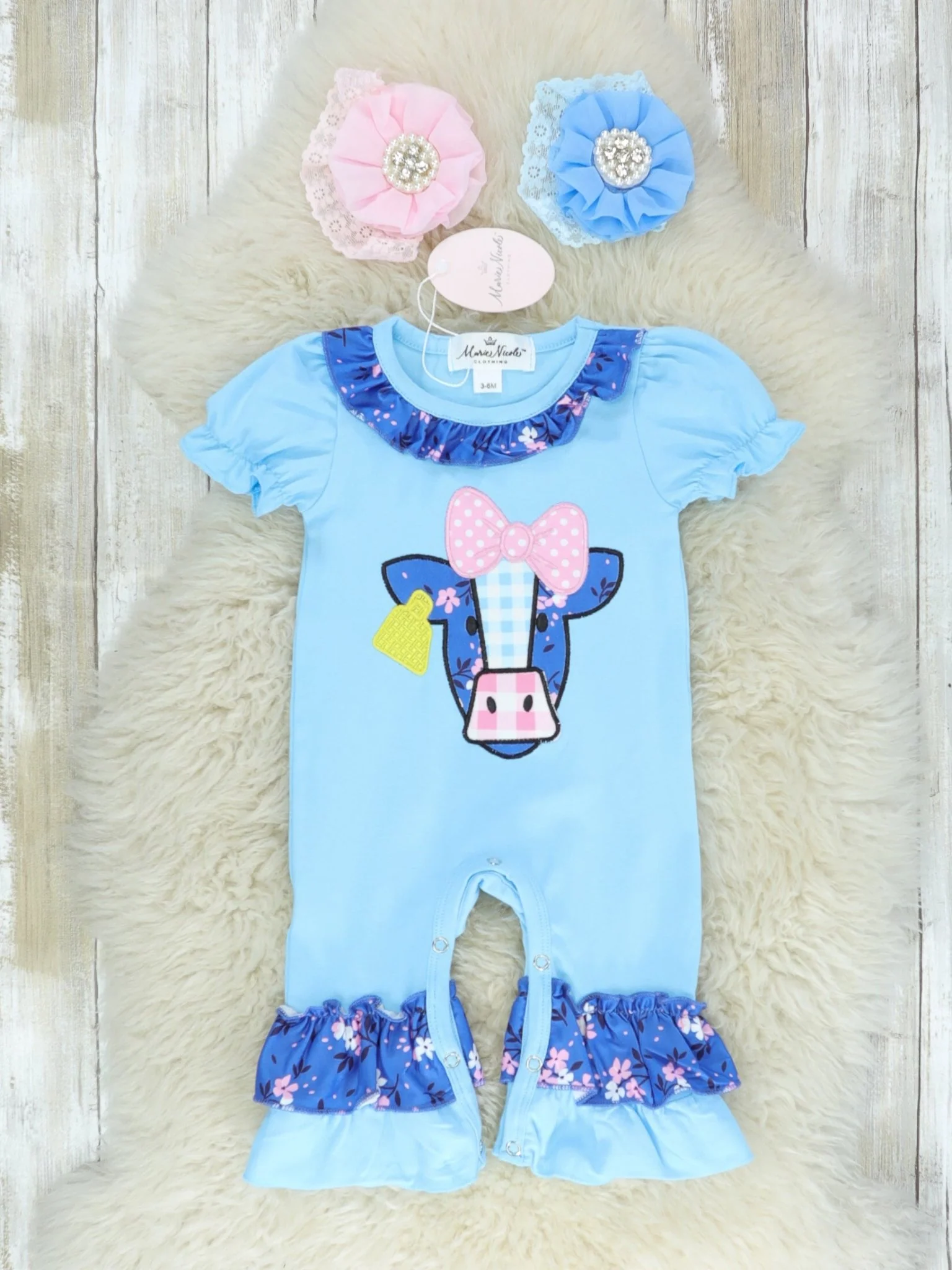 Blue Cow Ruffle Romper