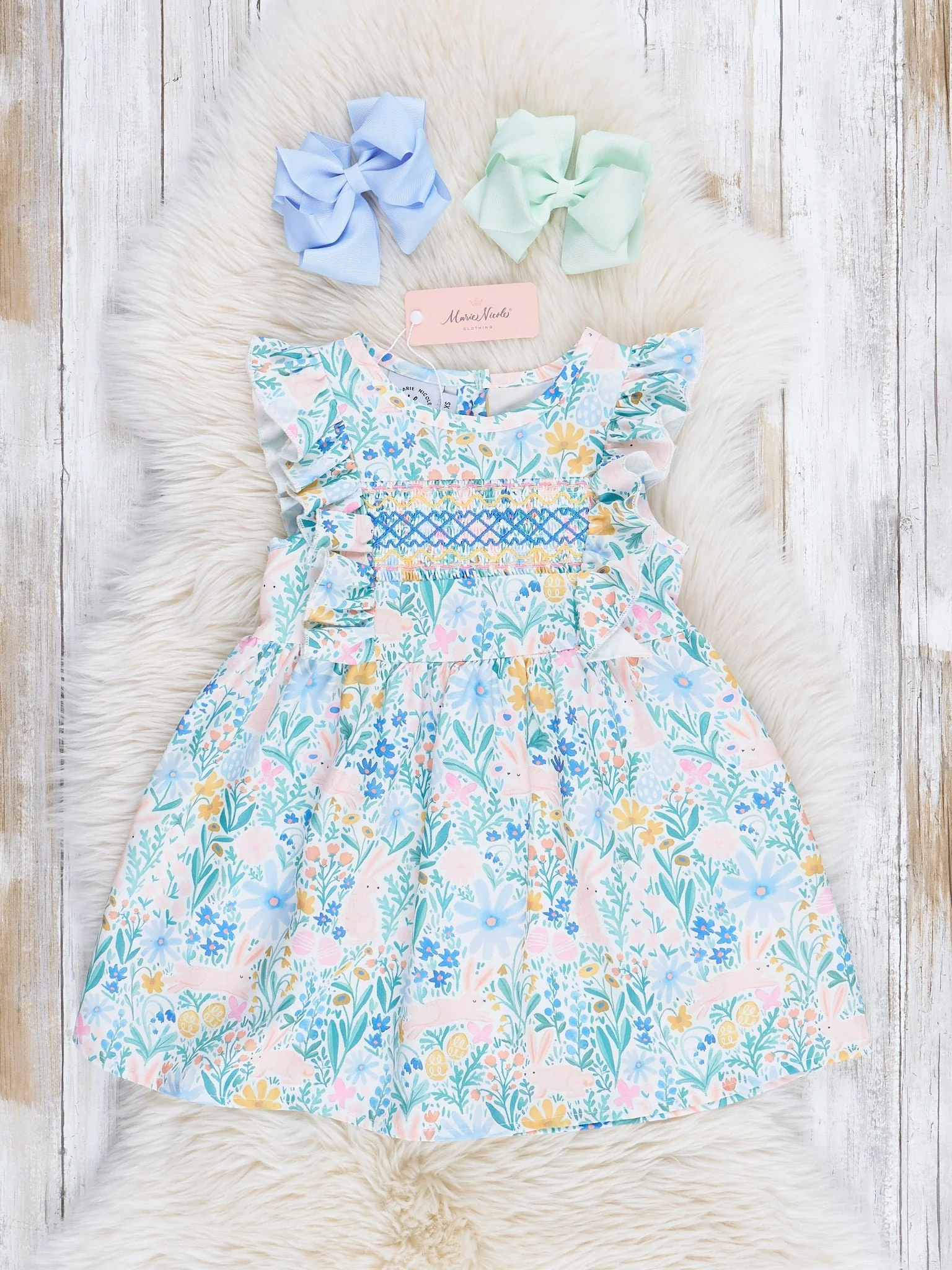 Blue Daisy Smocked Bunny Ruffle Dress - Image 2