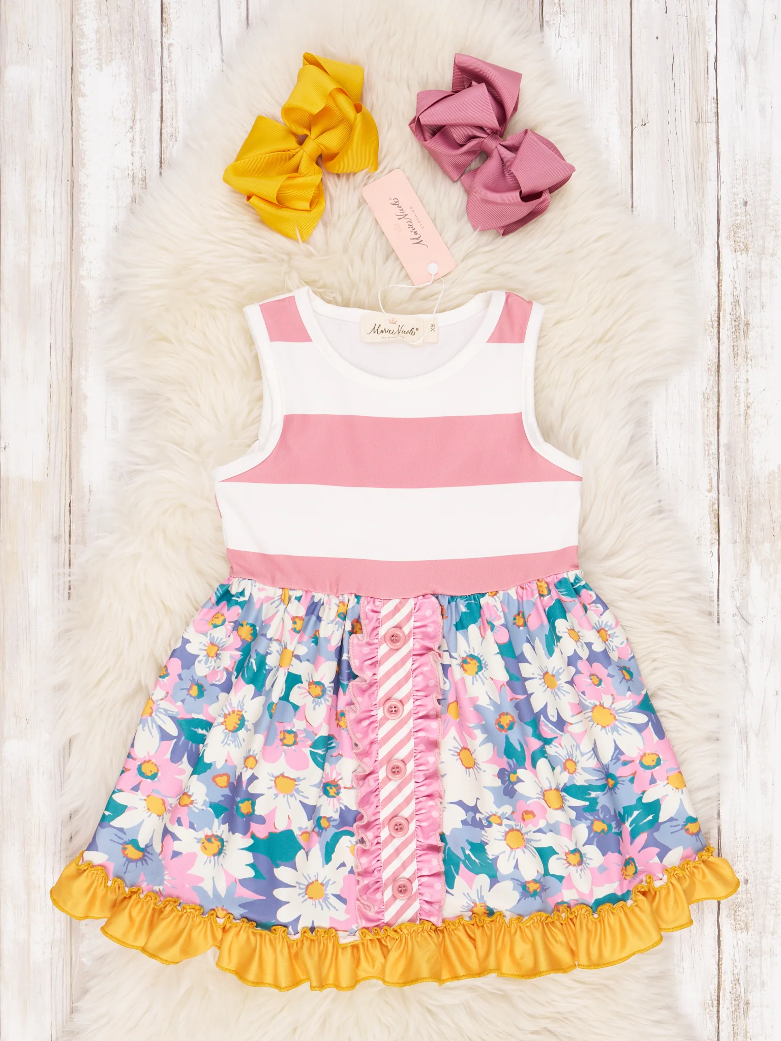 Blue Daisy Striped Ruffle Dress