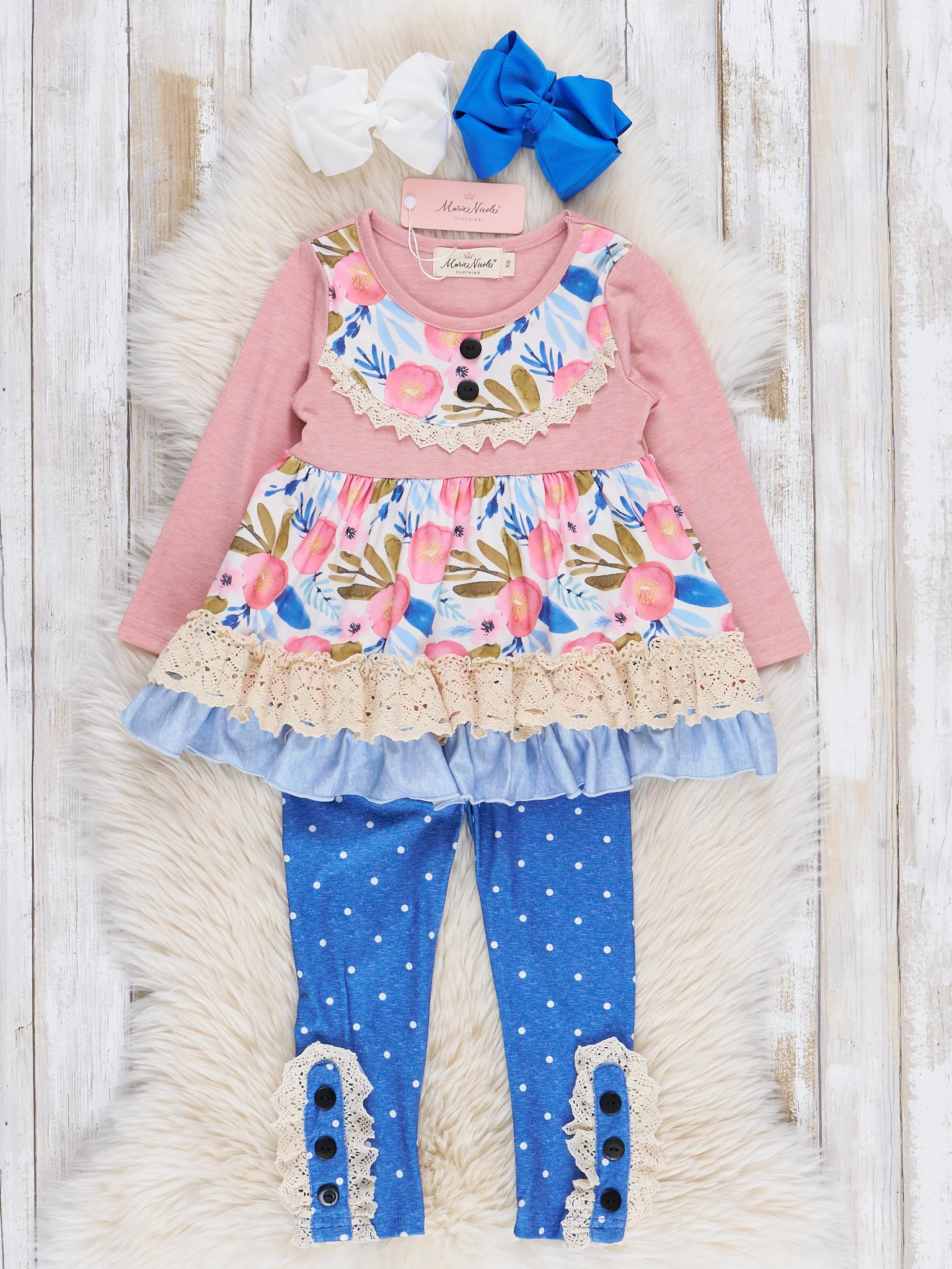 Blue Dots & Pink Florals Ruffle Outfit