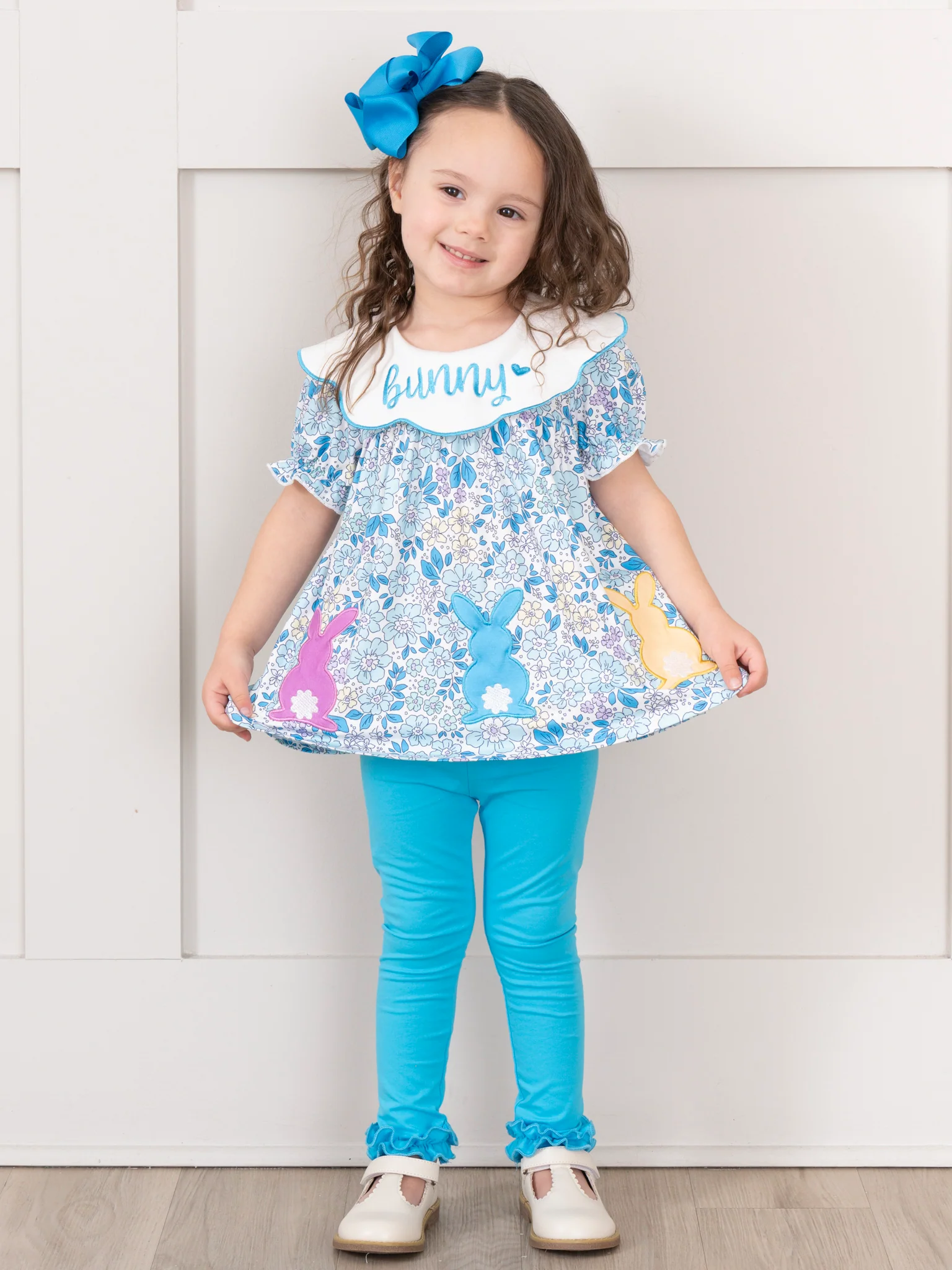 Blue Embroidered Bunny Ruffle Outfit