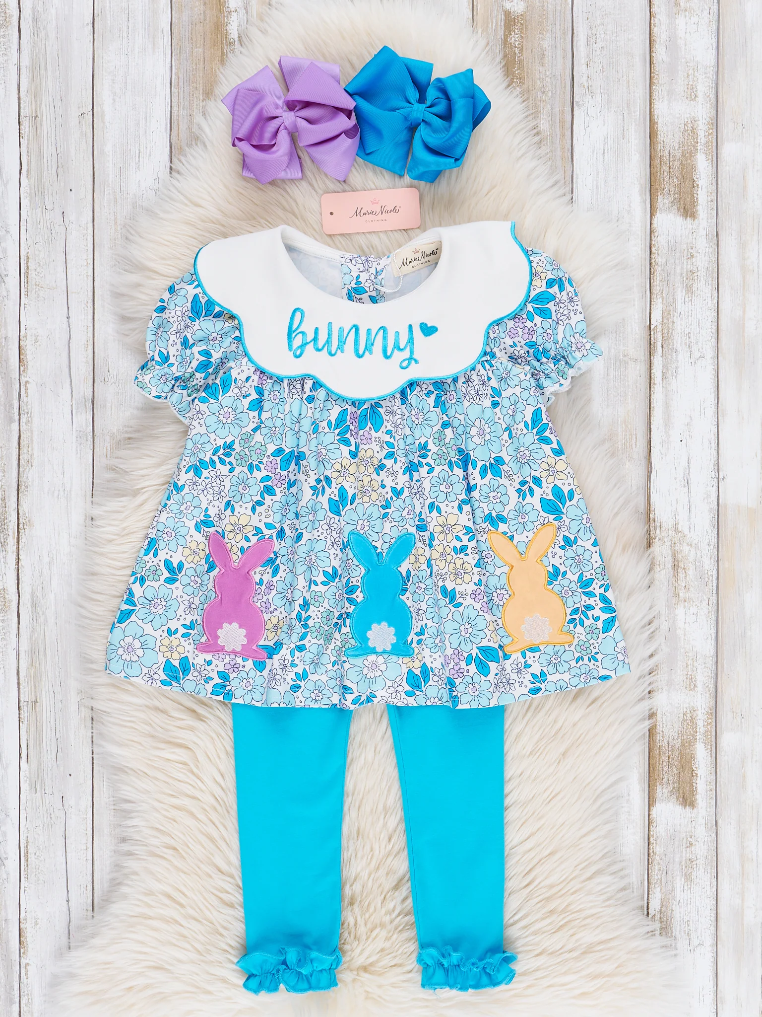 Blue Embroidered Bunny Ruffle Outfit - Image 2