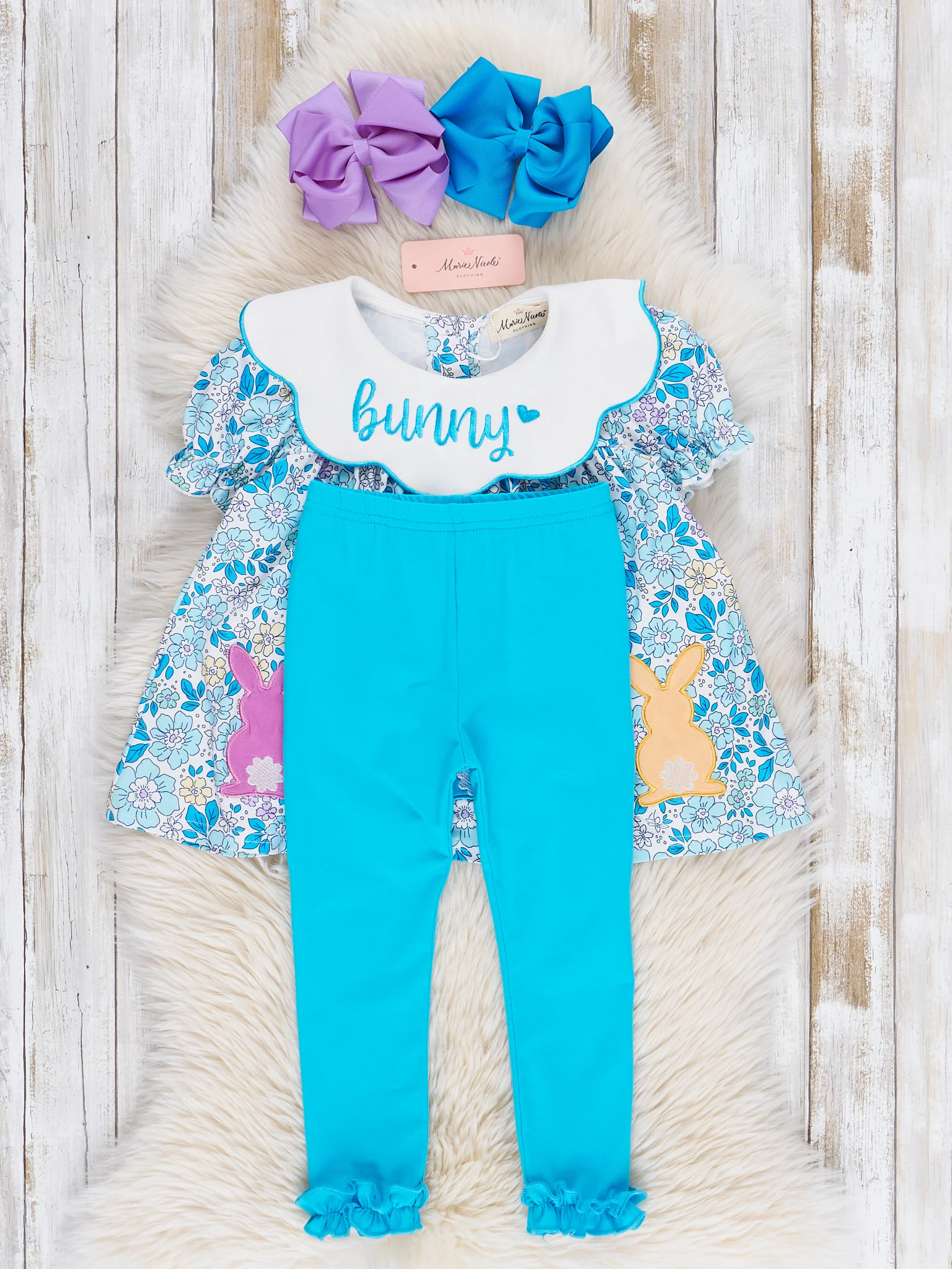 Blue Embroidered Bunny Ruffle Outfit - Image 3