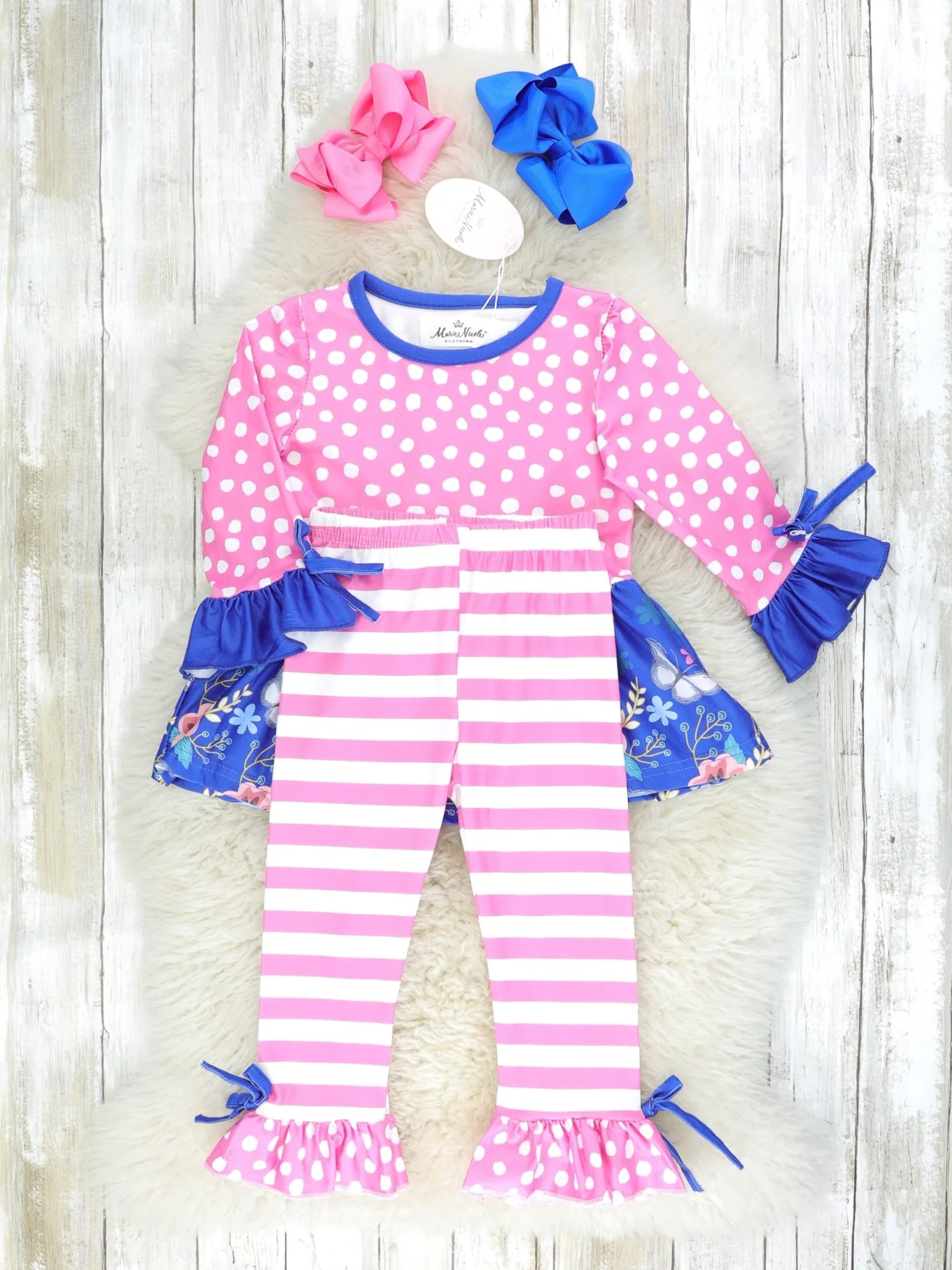 Blue Floral Butterfly Ruffle Tunic & Pink Striped Bottoms Outfit - Image 2