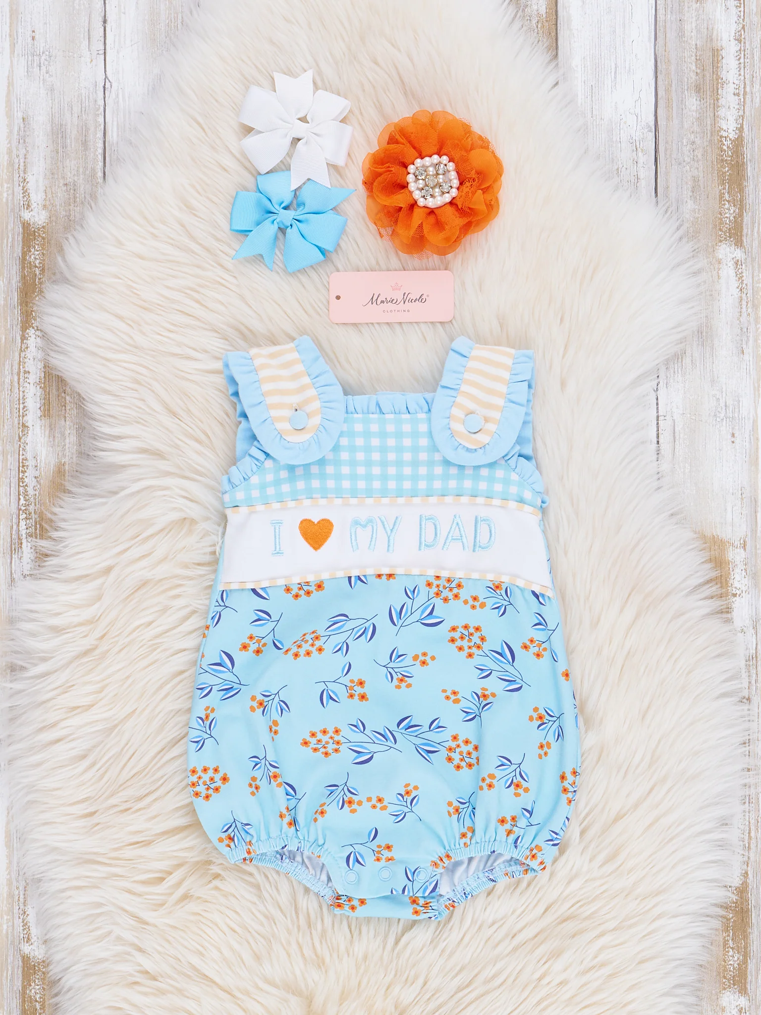 Blue Floral Dad Love Ruffle Bubble Romper - Image 2