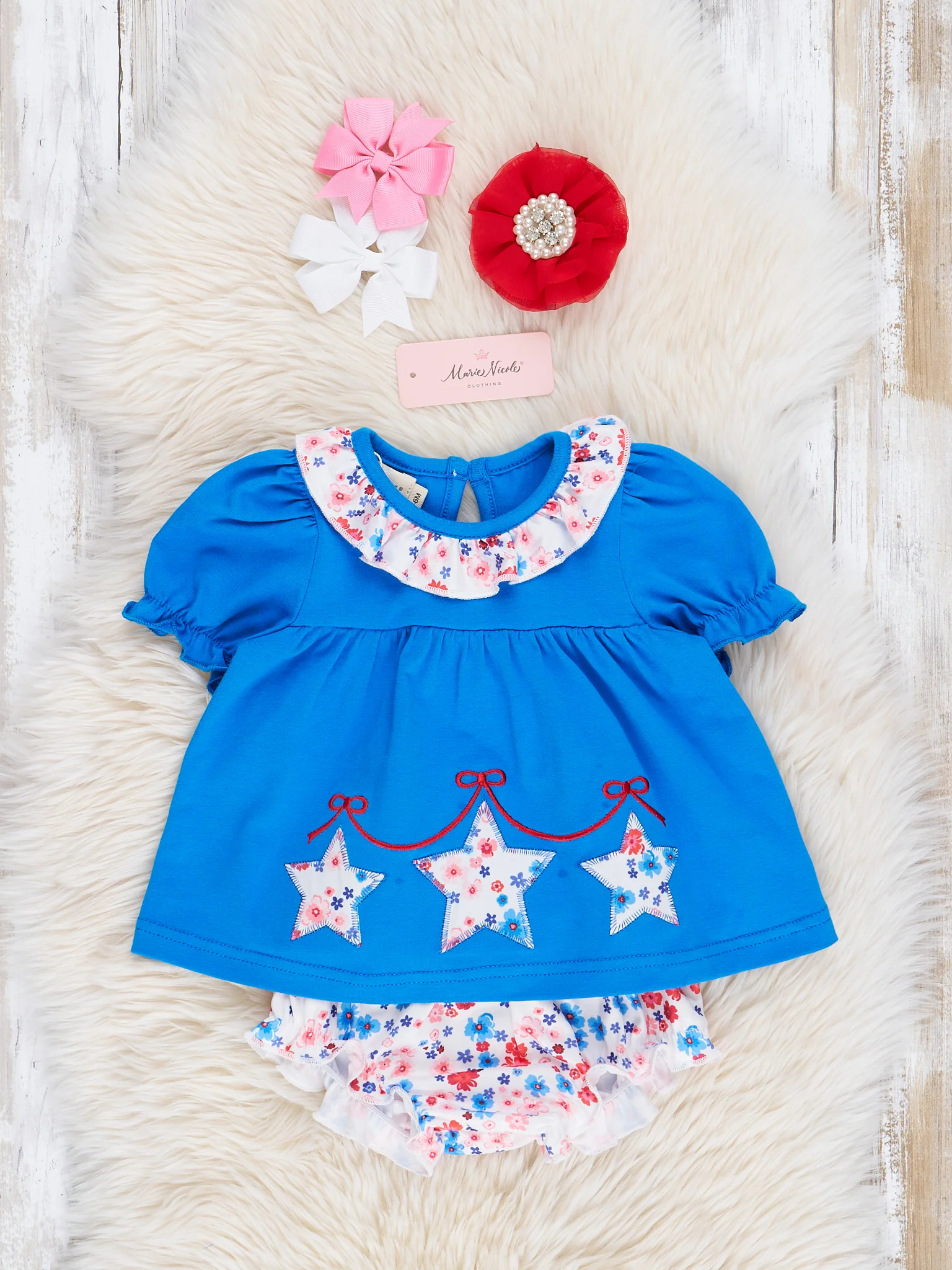 Blue Floral Embroidered Stars Bloomers Outfit