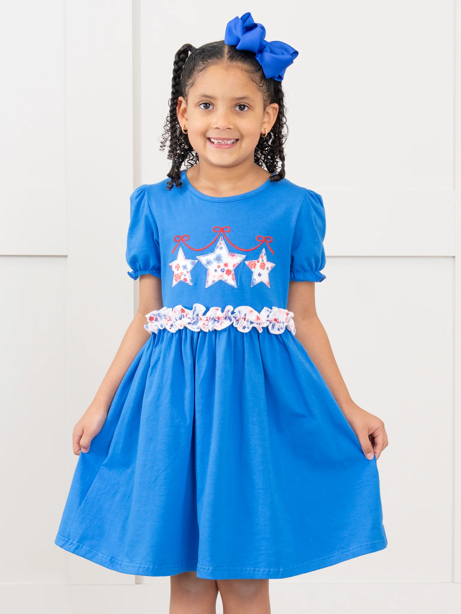 Blue Floral Embroidered Stars Puff Sleeve Dress