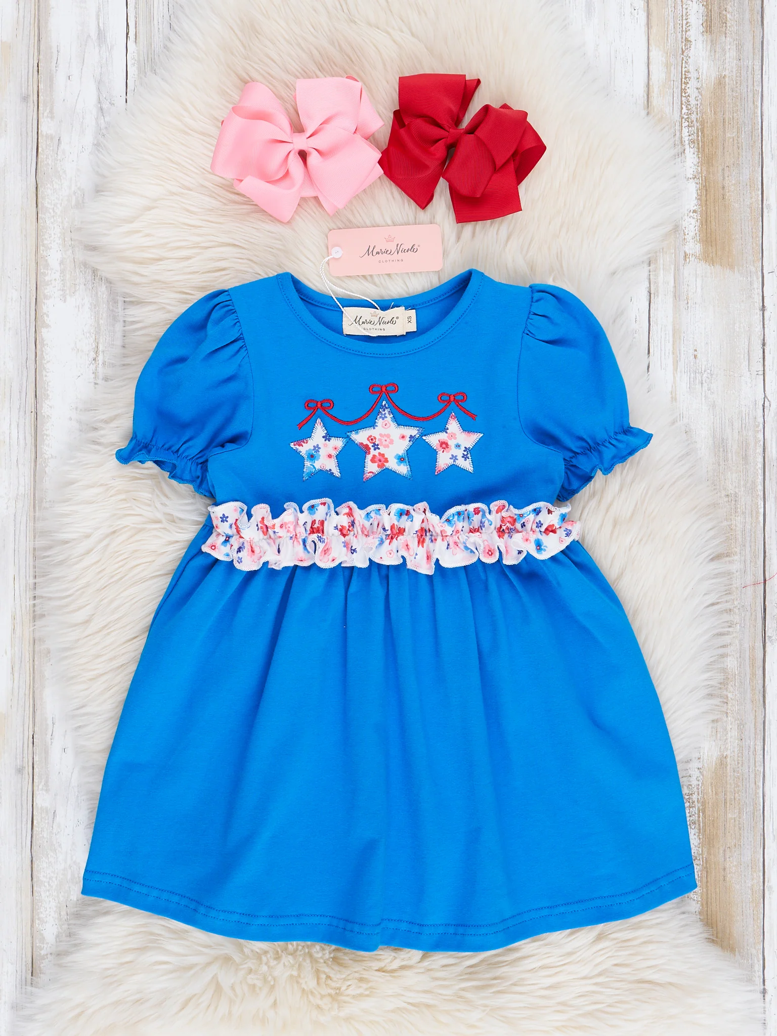 Blue Floral Embroidered Stars Puff Sleeve Dress - Image 2