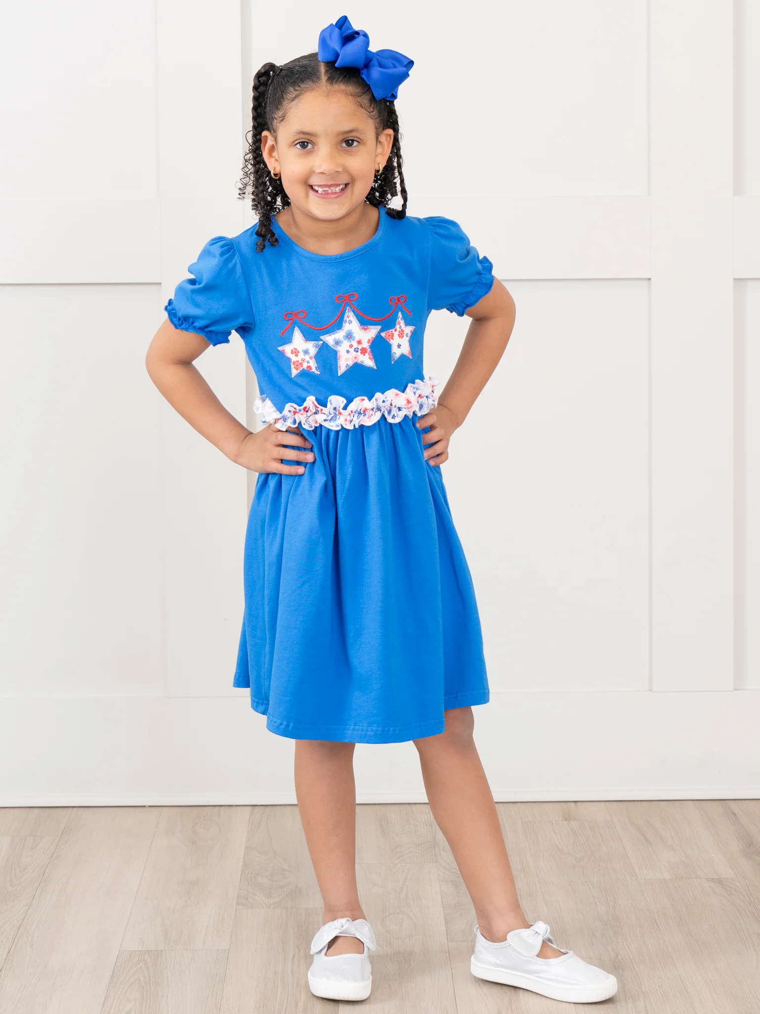 Blue Floral Embroidered Stars Puff Sleeve Dress - Image 3