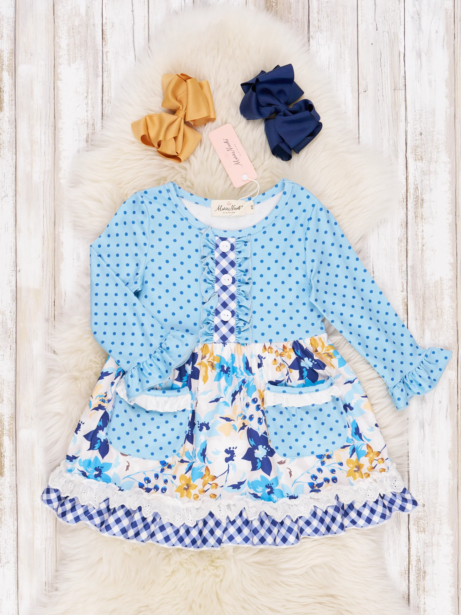Blue Floral & Gingham Ruffle Dress