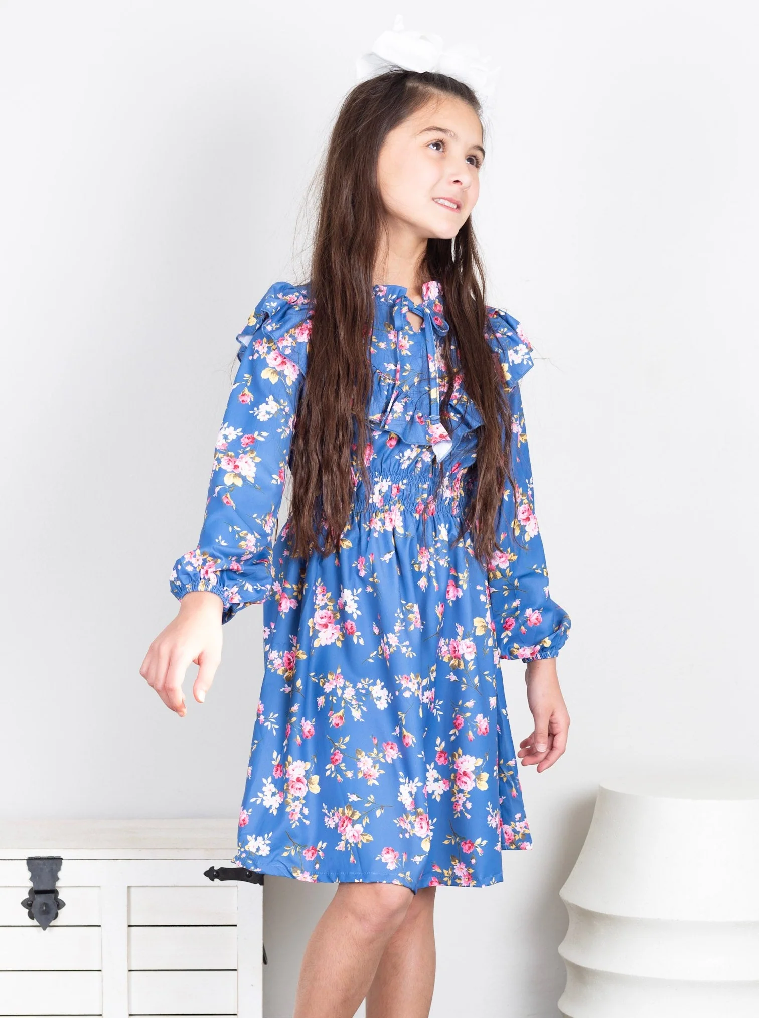 Blue Floral Mock Neck Ruffle Dress
