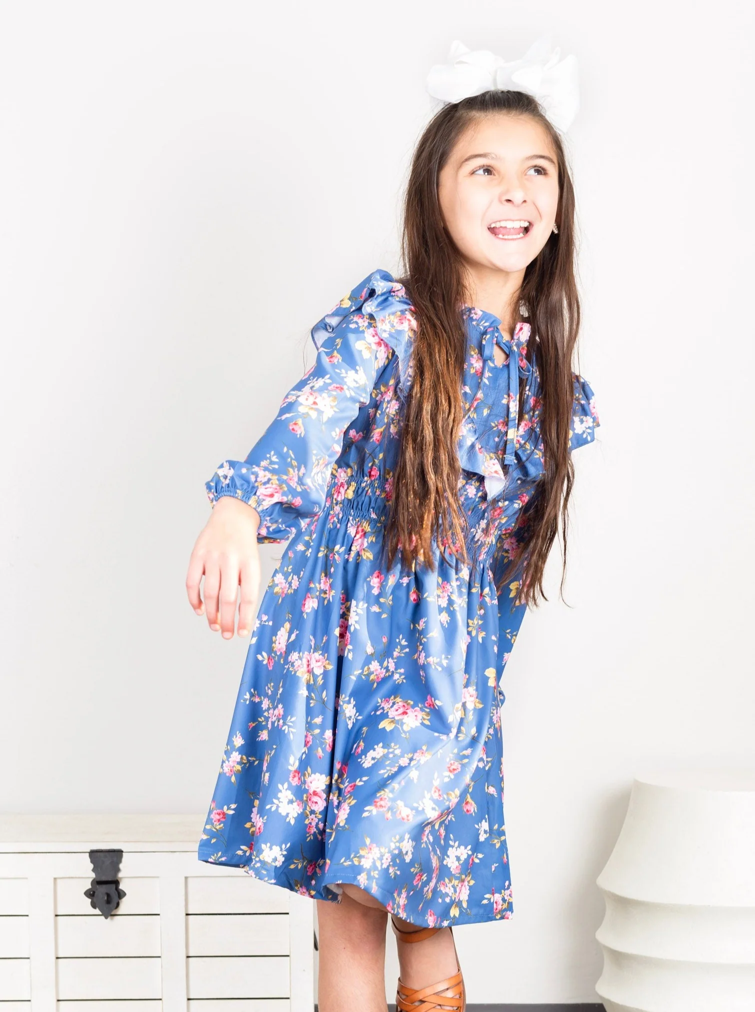 Blue Floral Mock Neck Ruffle Dress - Image 2