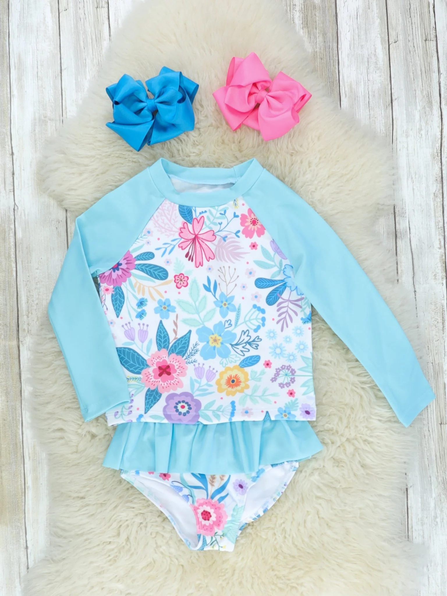 Blue Floral Rash Guard Ruffle Swimsuit