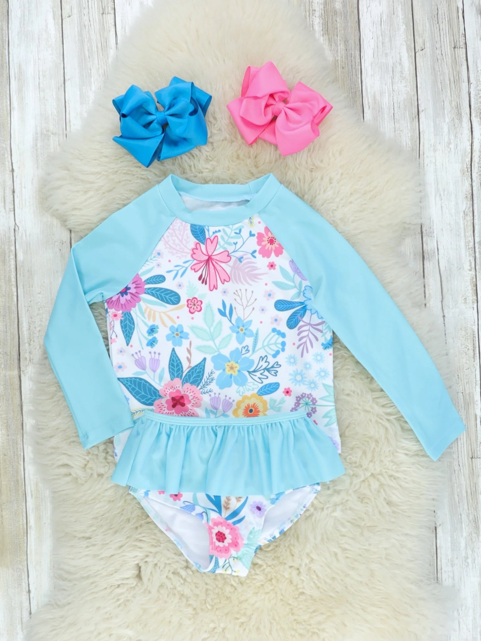 Blue Floral Rash Guard Ruffle Swimsuit - Image 2