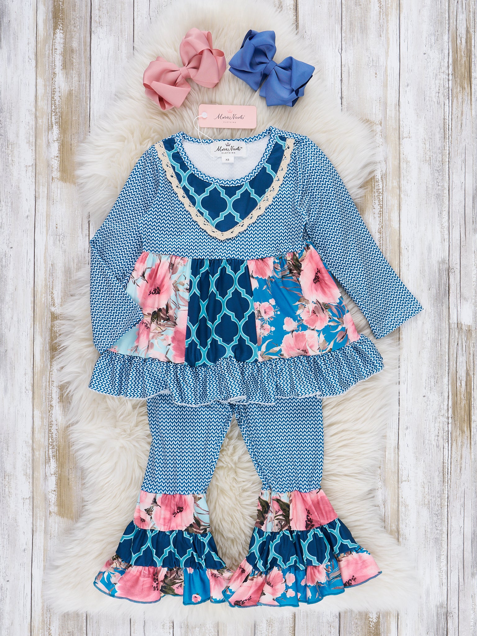Blue Floral Ruffle Top & Moroccan Bell Bottoms Outfit - Image 2